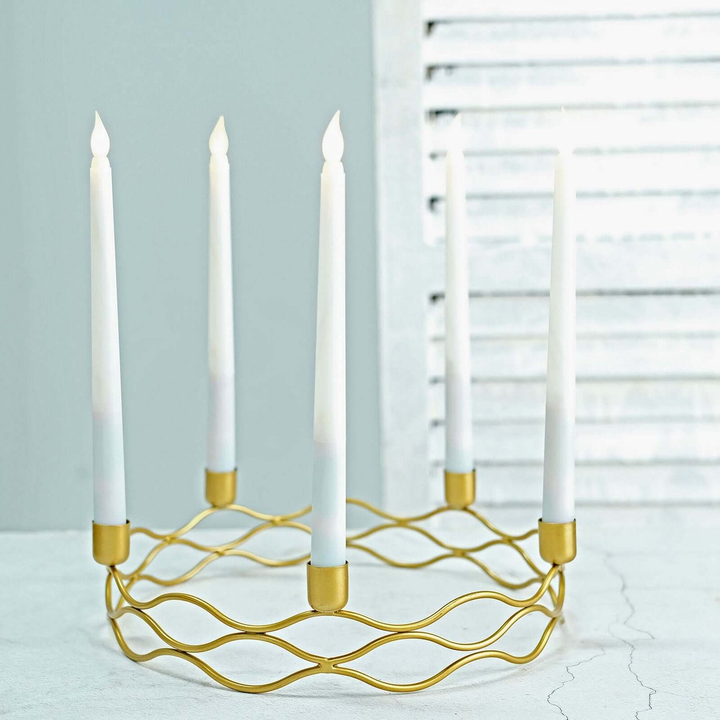 Round Wreath Taper Candelabra 5 Arm Gold Metal Decorative Centerpiece - Tabletop Candle Holder 12"