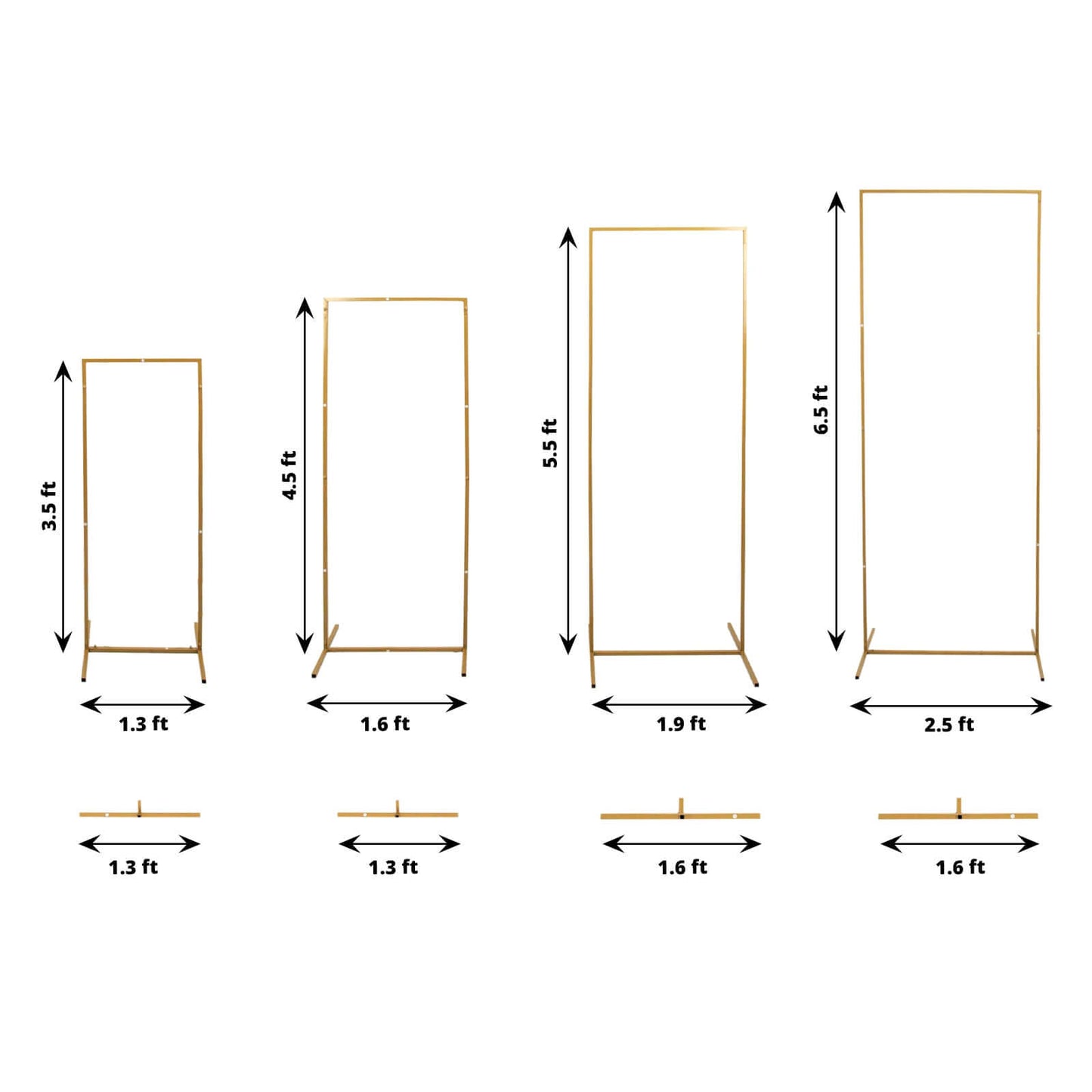 Set of 4 Gold Metal Frame Wedding Arch, Rectangular Backdrop Stand, Floral Display Frame - 3.5ft, 4.5ft, 5.5ft, 6.5ft