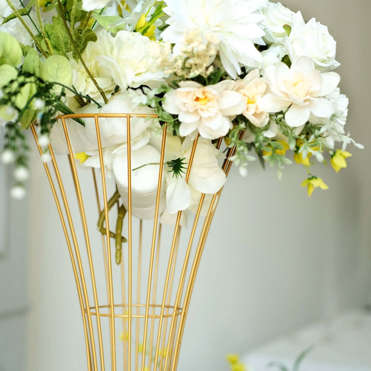 36" Tall Gold Metal Wire Hourglass Flower Frame Stand, Open Frame Reversible Trumpet Centerpiece Stand