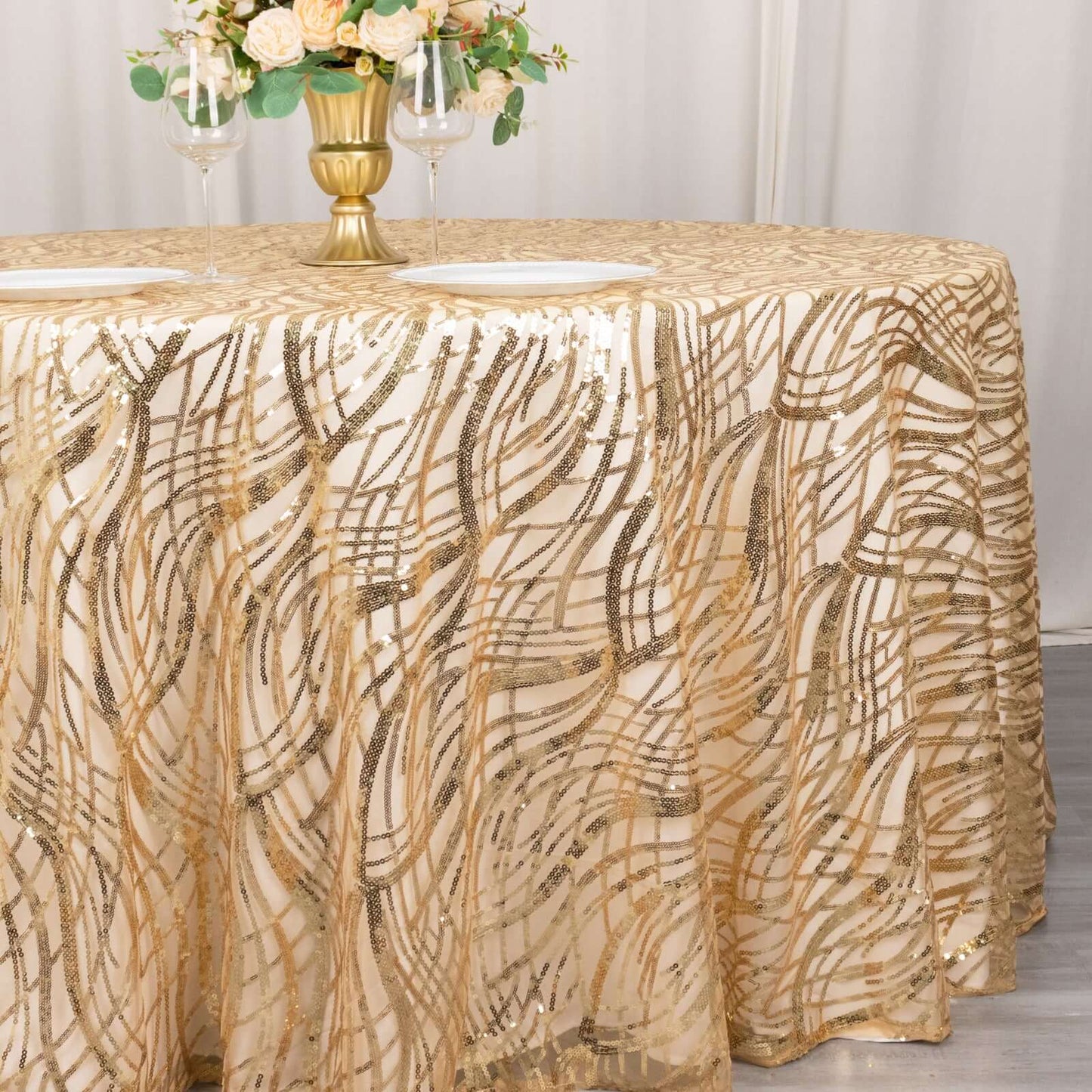 Sequin Mesh 120" Round Tablecloth Champagne - Seamless Wave Embroidered Table Cover