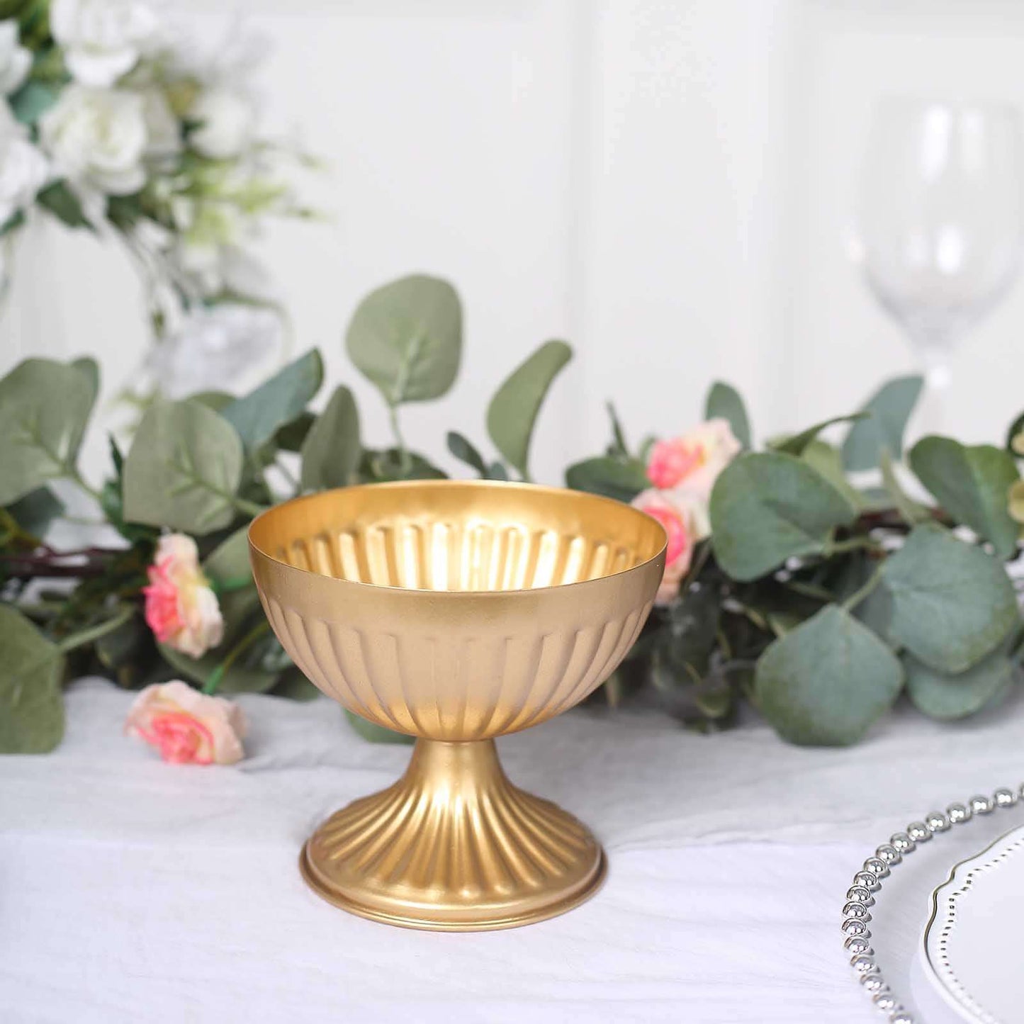 2-Pack Metal Pedestal Flower Vases Ribbed Bowl Style Gold - Antique Mini Compote Vase for Sophisticated Wedding Centerpieces 4"