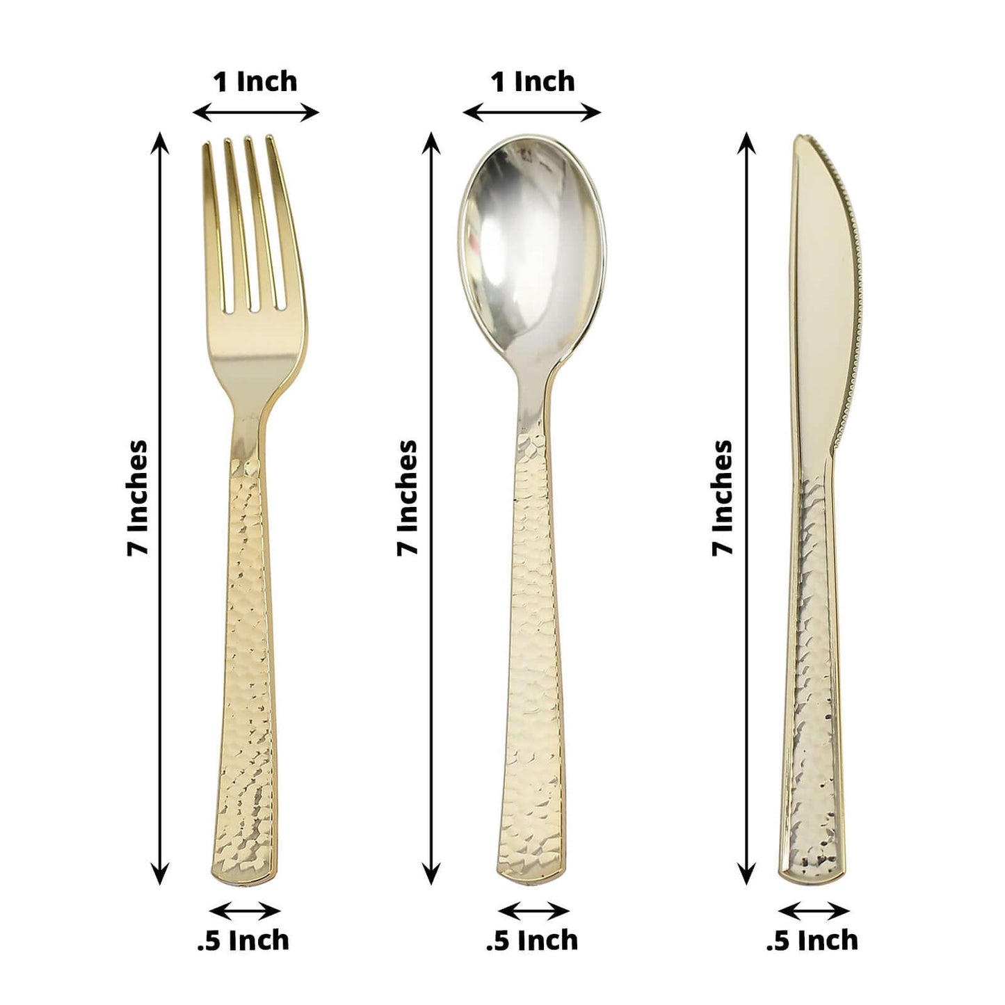 24-Pack Plastic Silverware Set with Hammered Design Gold - Heavy Duty Disposable Utensils 7"