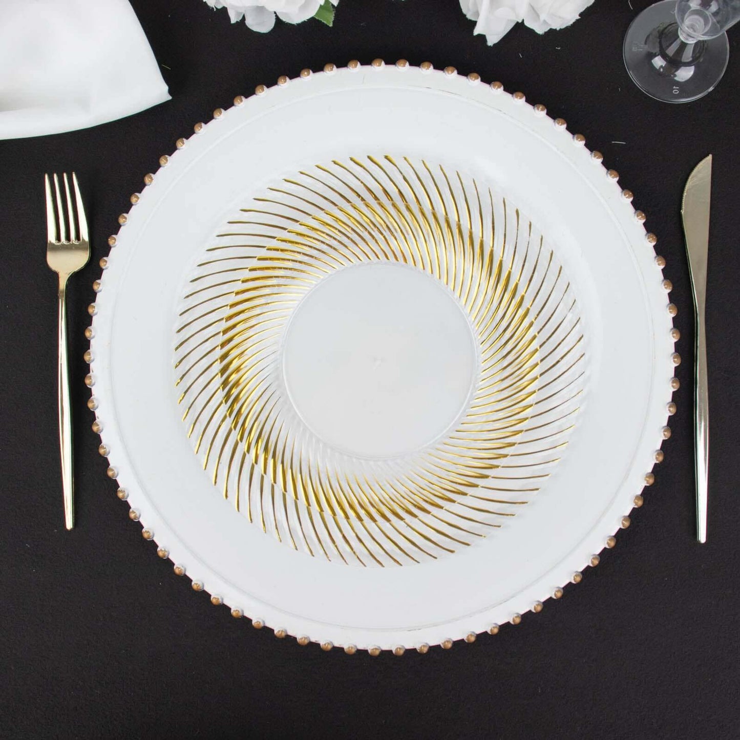 10-Pack Plastic 7" Round Dessert Plates in White with Gold Swirl Rim - Disposable Salad Plates for Classy Events & Banquets