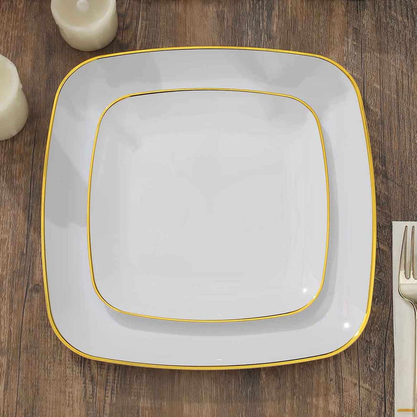 10-Pack Plastic 7" Square Dessert Plates in White with Gold Rim - Classy Disposable Appetizer Salad Plates for Weddings & Special Events