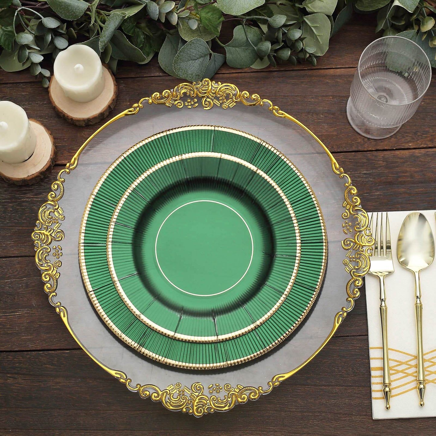 25-Pack Paper 8" Round Dessert Plates in Hunter Emerald Green Sunray Design with Gold Rim - Disposable Heavy Duty 350GSM Appetizer Salad Plates