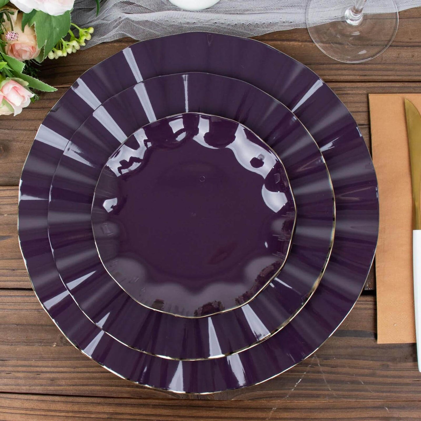 10-Pack Plastic Round 6" Dessert Plates in Purple Ruffled Rim with Gold Edging - Sturdy Disposable Salad Appetizer Dinnerware