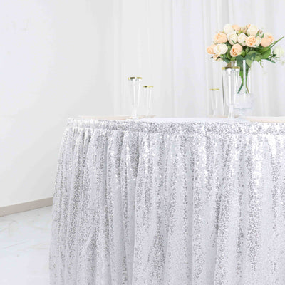 Sequin 17ft Table Skirt Silver - Pleated Satin With Top Velcro Strip