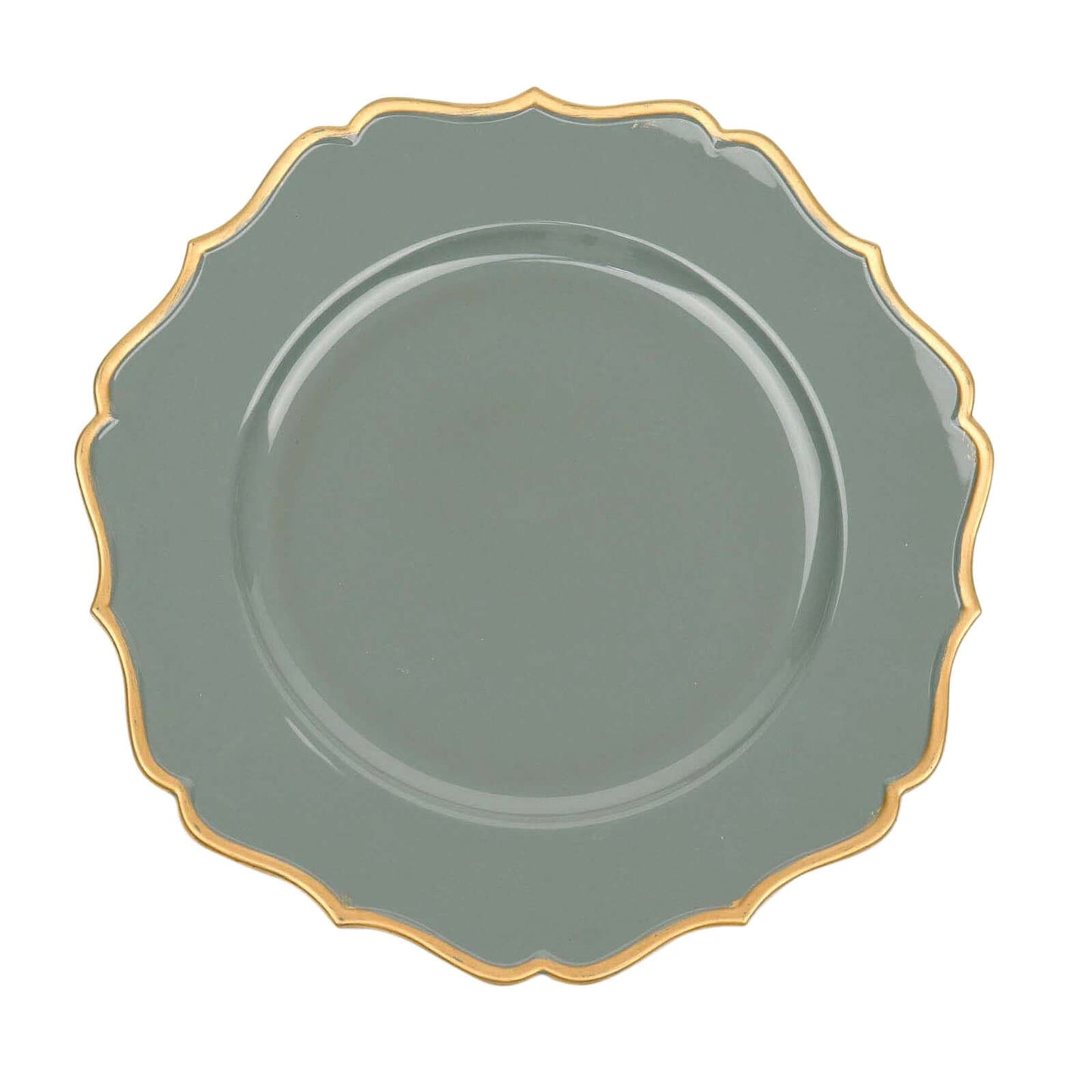 6-Pack Acrylic Round Charger Plates 13" in Olive Green with Gold Scalloped Rim, Decorative Dinner Party Plastic Charger Tableware
