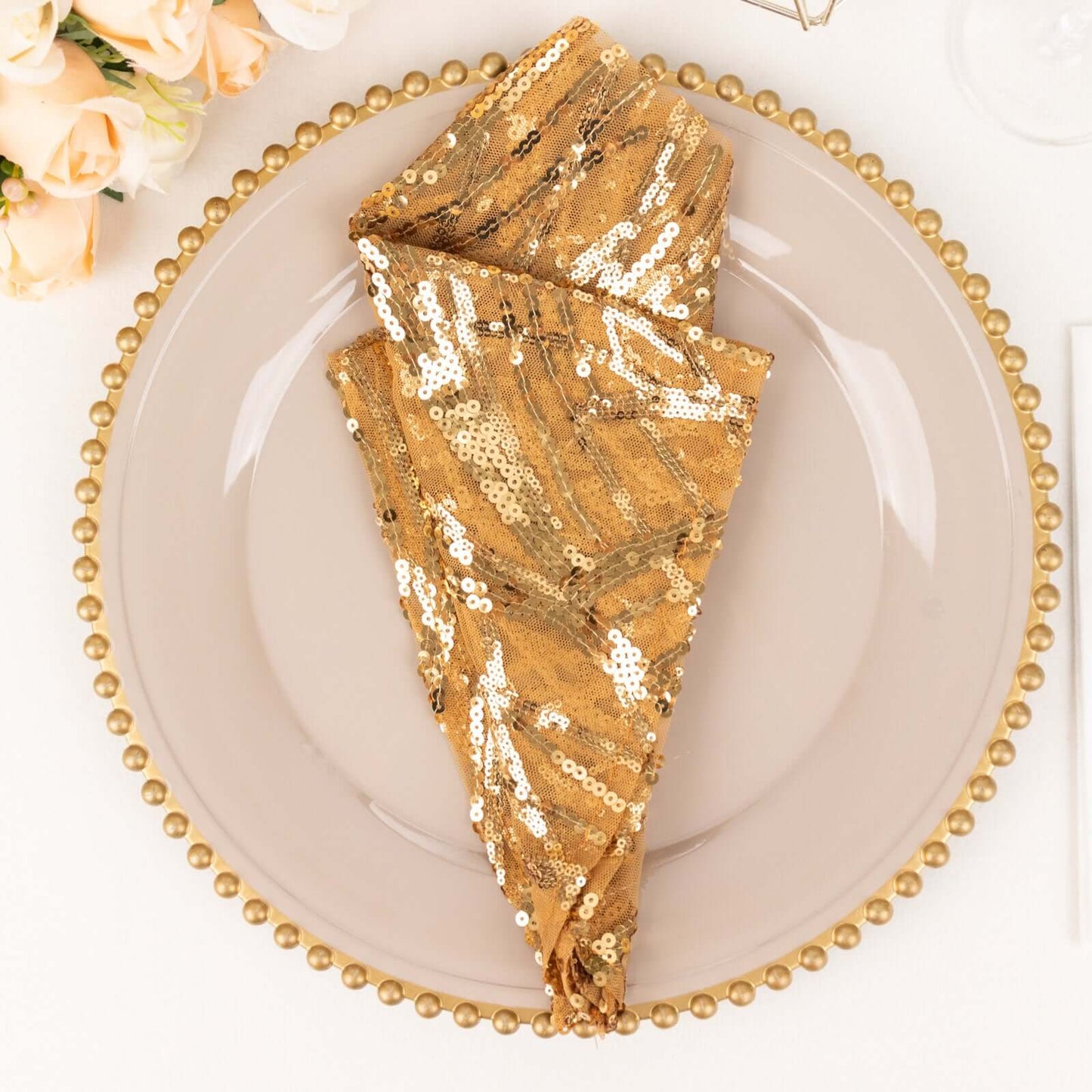 Sequin Mesh 20"x20" Napkin Gold - Wave Embroidered Reusable Cloth Napkin for Glitzy Table Settings
