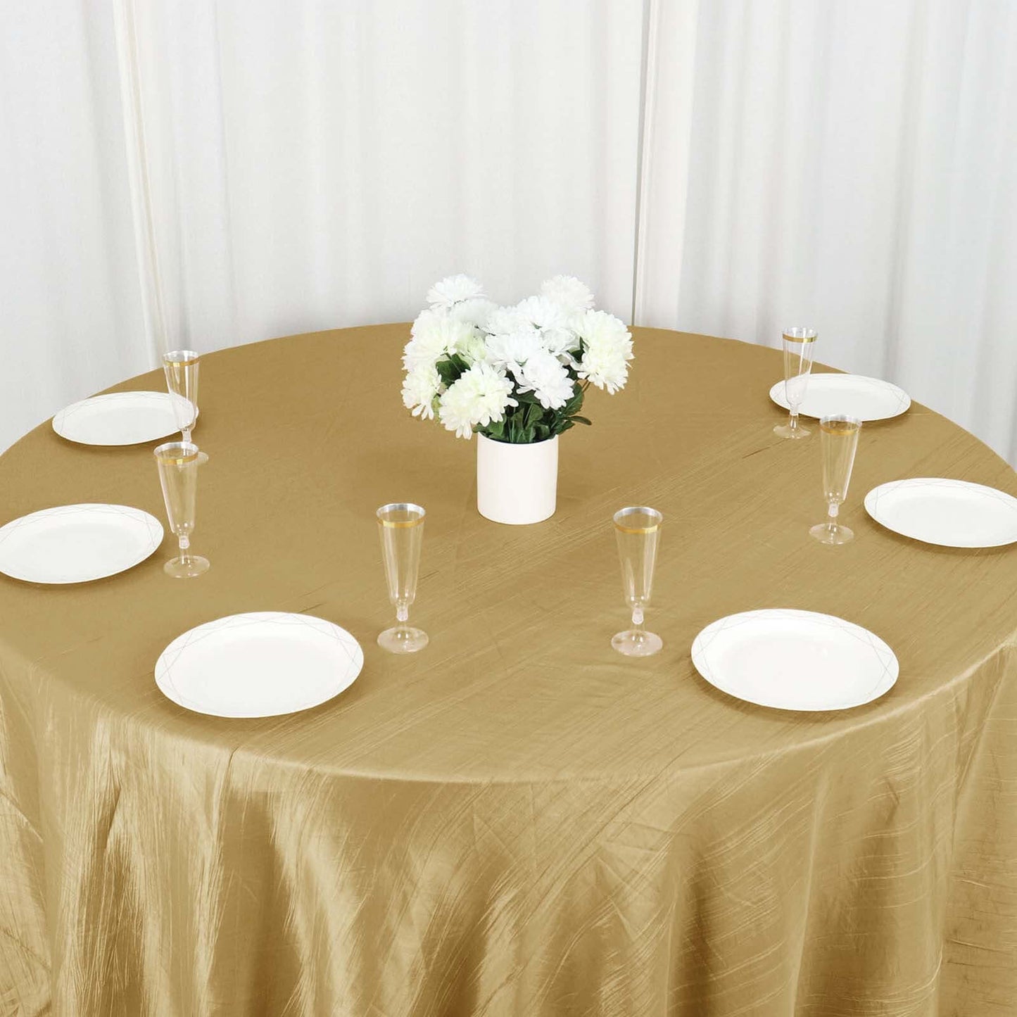 Taffeta 132" Round Tablecloth Gold - Seamless Accordion Crinkle Design for Exquisite Occasions