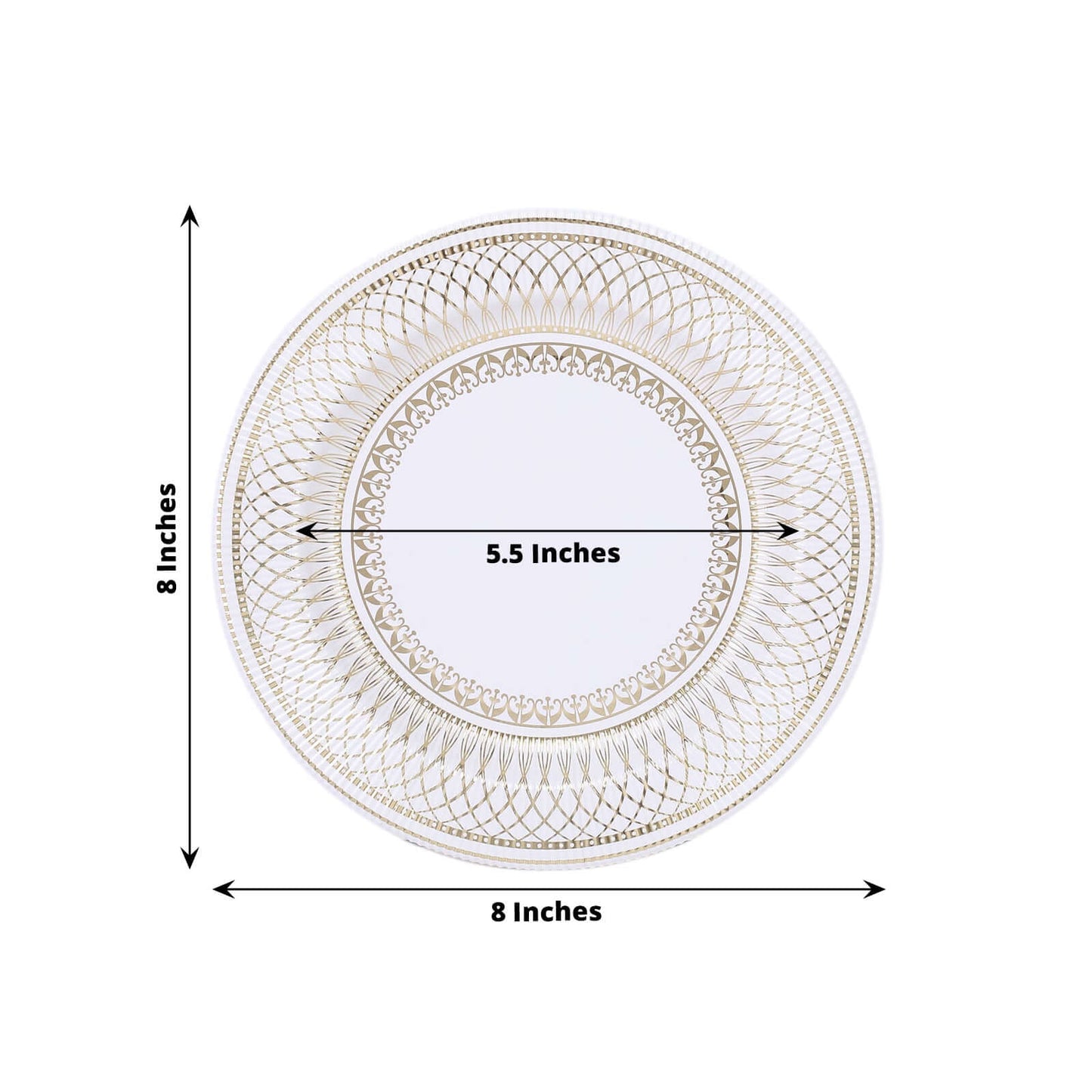 25-Pack Paper 8" Round Dessert Plates in White with Gold Vintage Porcelain Style Rim - Disposable 300GSM Salad Appetizer Plates