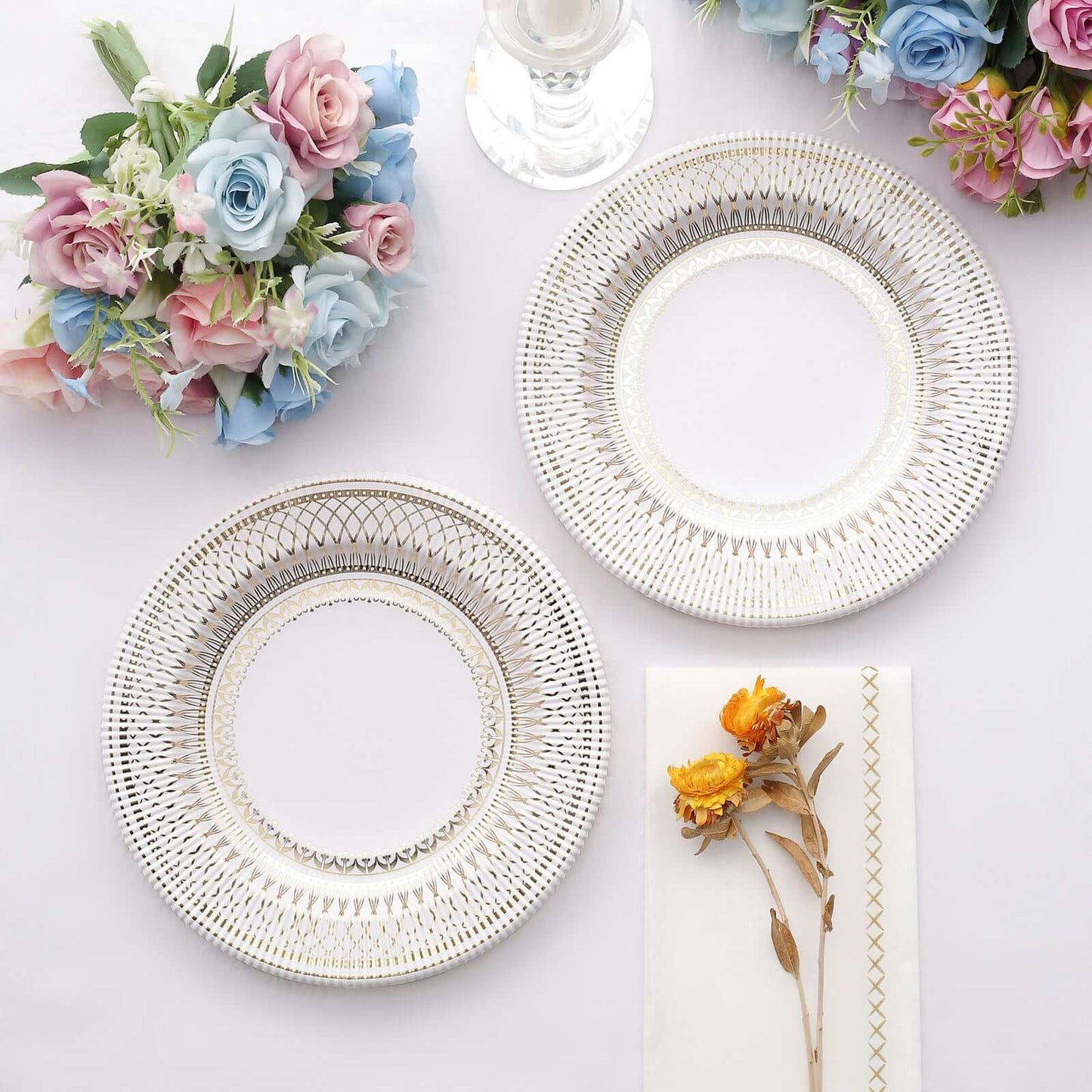 25-Pack Paper 8" Round Dessert Plates in White with Gold Vintage Porcelain Style Rim - Disposable 300GSM Salad Appetizer Plates