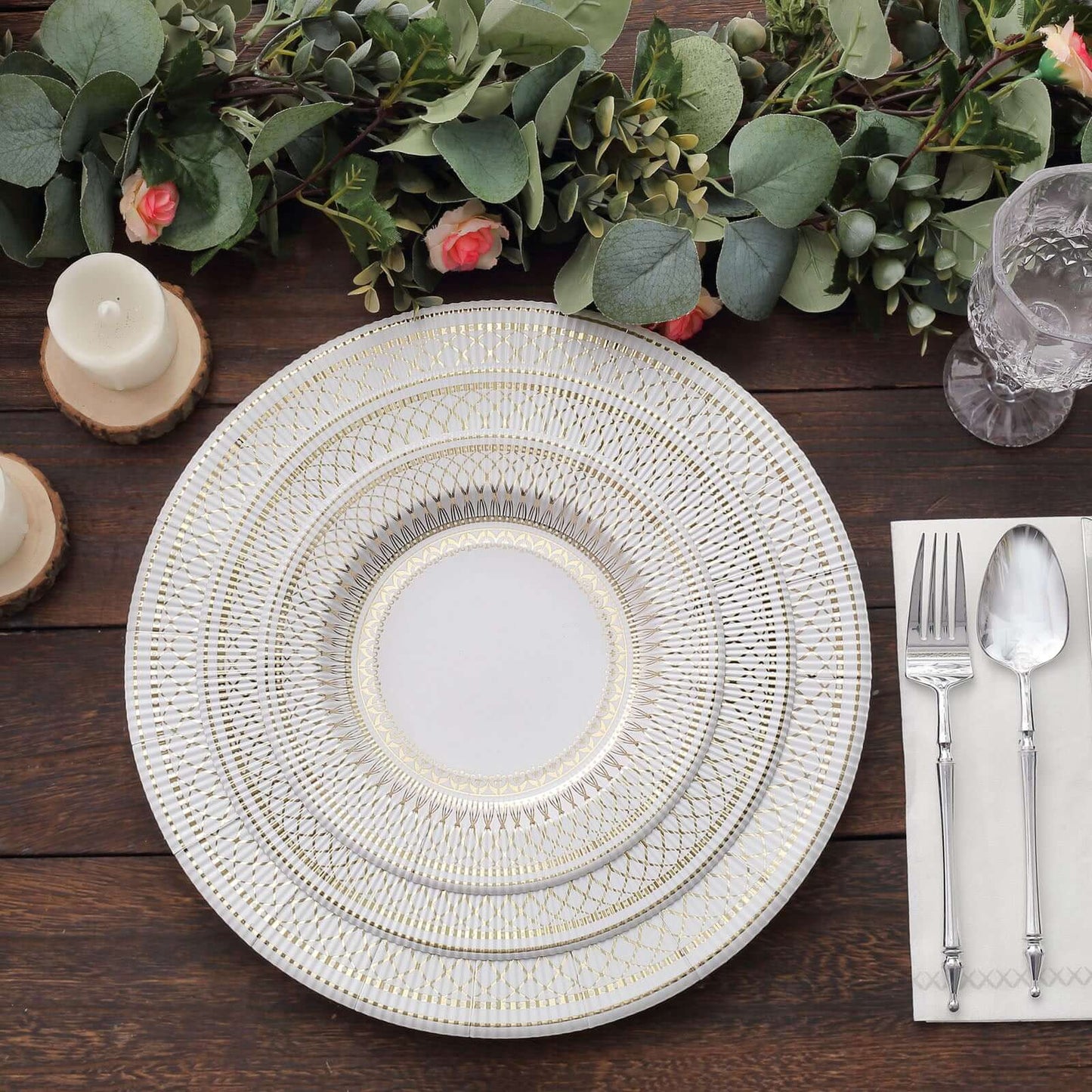 25-Pack Paper 8" Round Dessert Plates in White with Gold Vintage Porcelain Style Rim - Disposable 300GSM Salad Appetizer Plates