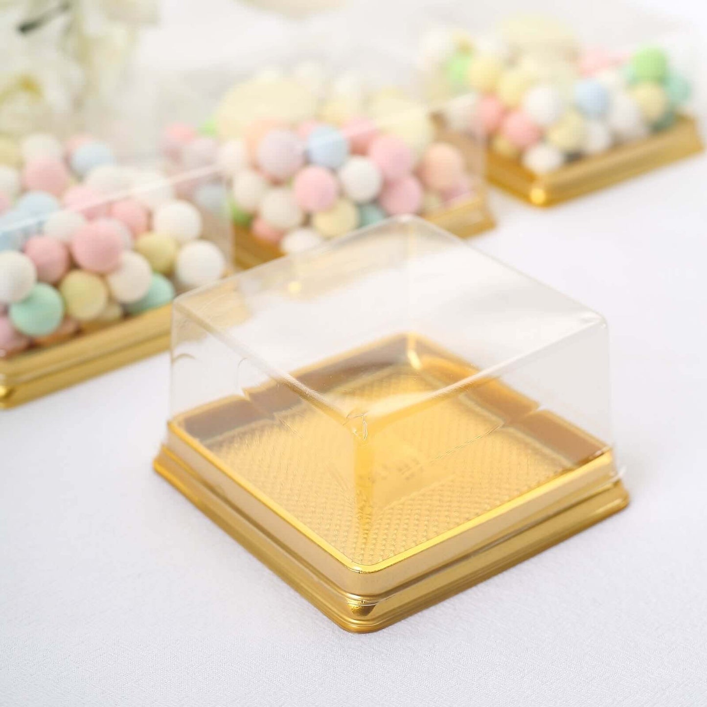 50 Pack Clear Gold Square Mini Plastic Cupcake Party Favor Boxes, Muffin Dessert Containers - 4"x4"x2.5"