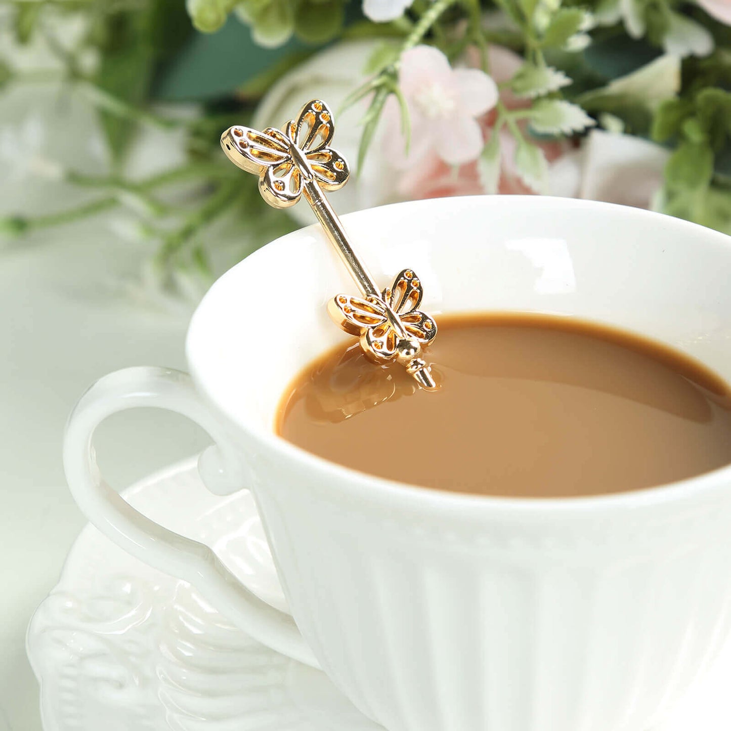 5 Pack Gold Metal Butterfly Handle Dessert Spoons in Clear Top Black Gift Box, Pre-Packed Mini Espresso Coffee Spoons Wedding Souvenir Gift with Thank You Tag and Ribbon - 4"