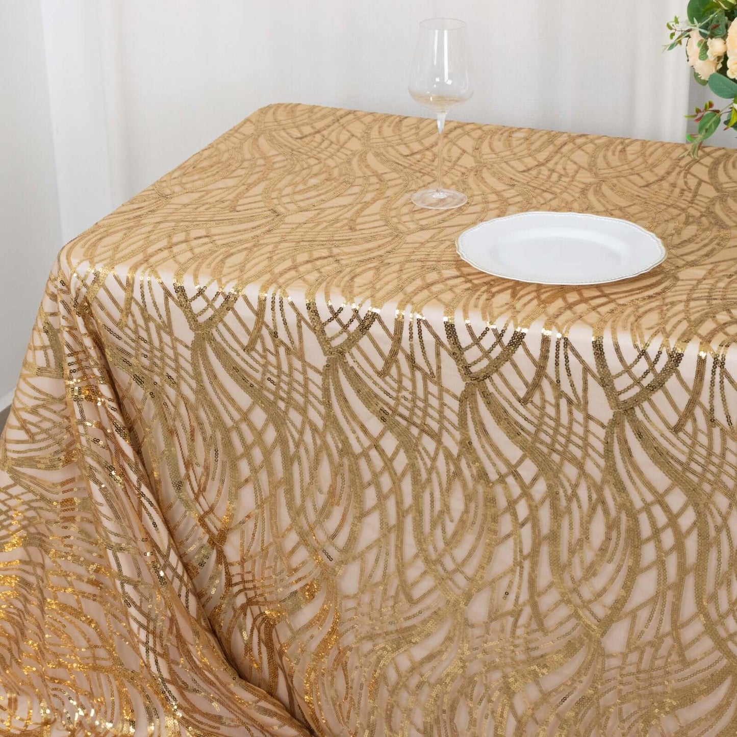 Mesh 90"x156" Rectangle Tablecloth Gold - Wave Sequin Embroidered Design for Refined Occasions
