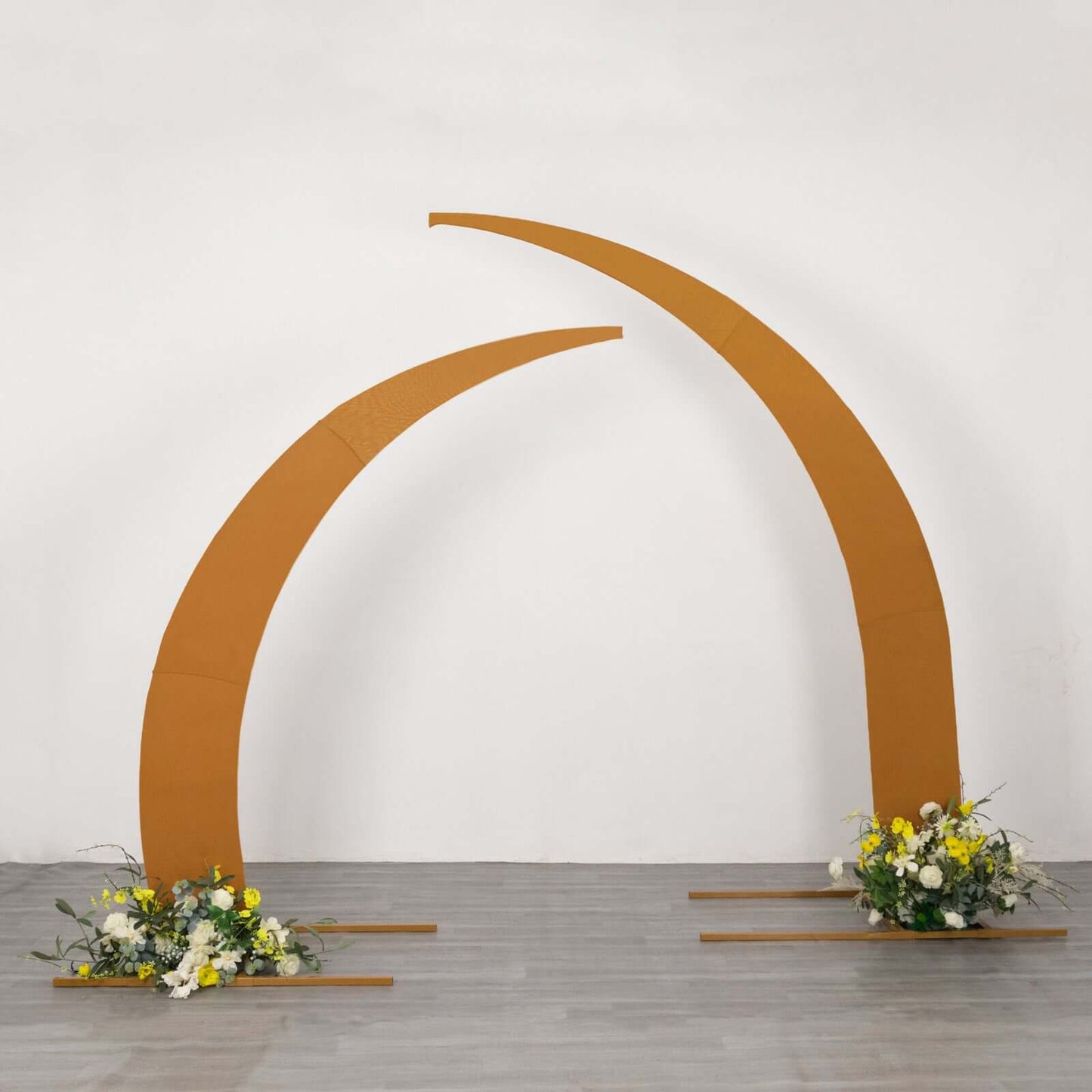 Set of 2 Gold Spandex Half Crescent Moon Backdrop Stand Covers, Custom Fitted Wedding Arch Cover for Curved Arbor Flower Balloon Frame