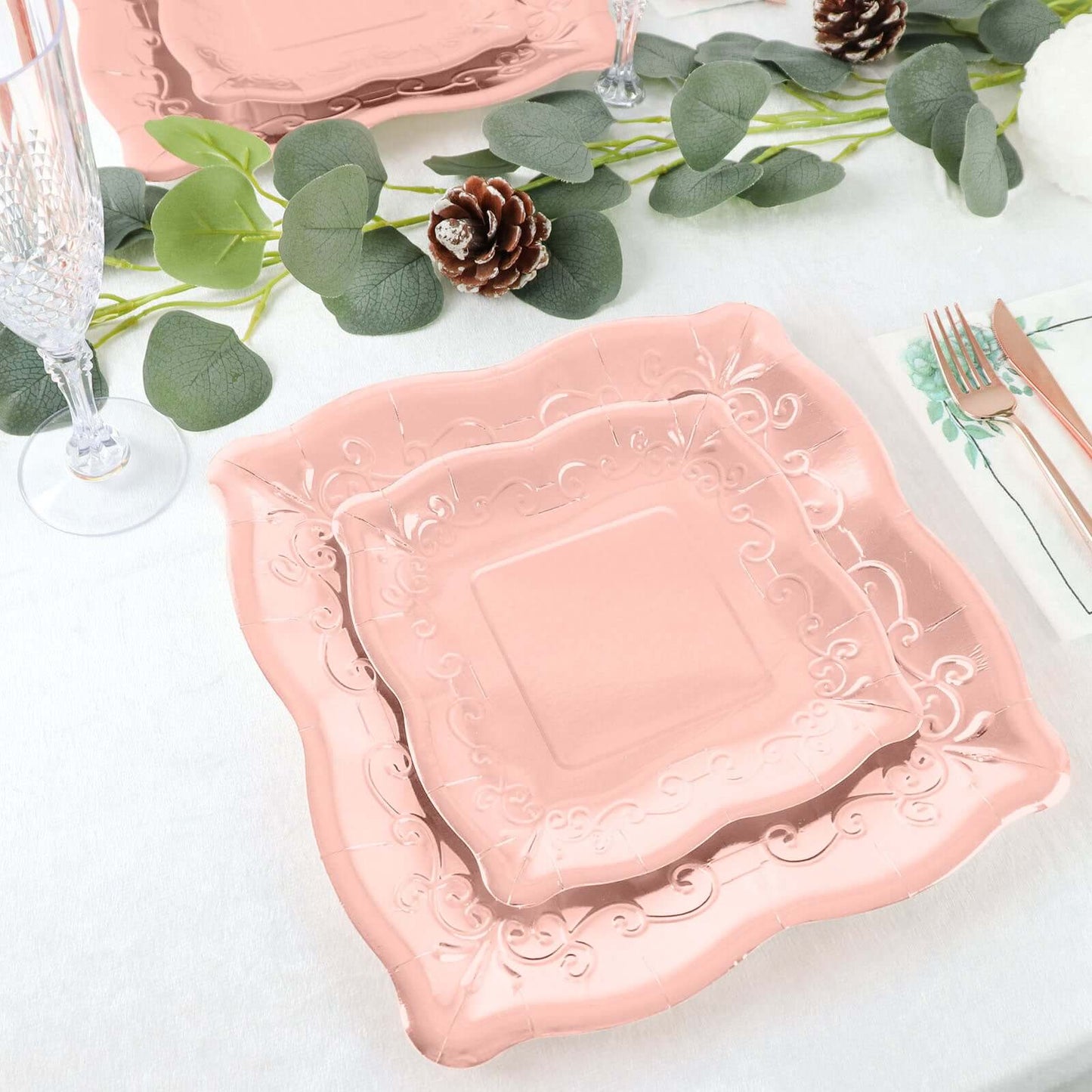 25-Pack Paper 7" Square Dessert Plates in Rose Gold with Vintage Pottery Embossed Design - Shiny Metallic Disposable Appetizer Plates