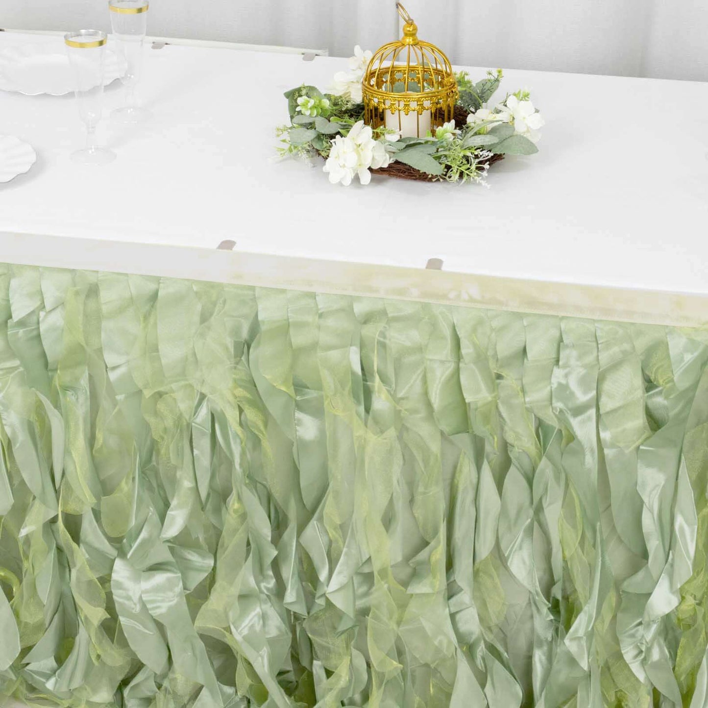 Taffeta 14ft Table Skirt Sage Green - Cascading Curly Willow Style Table Cover