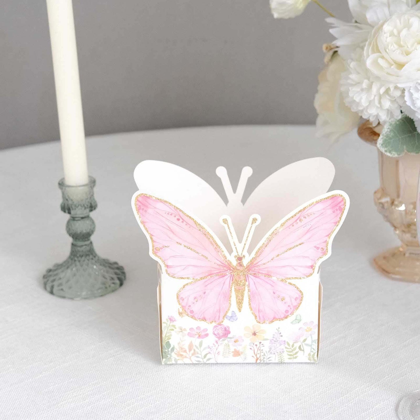 25-Pack Disposable Food Trays White/Pink Glitter Butterfly Design Cardstock - Whimsical Disposable Serving Tray Food Boats for Girls Birthday Baby Shower Party Supplies 6"x7"