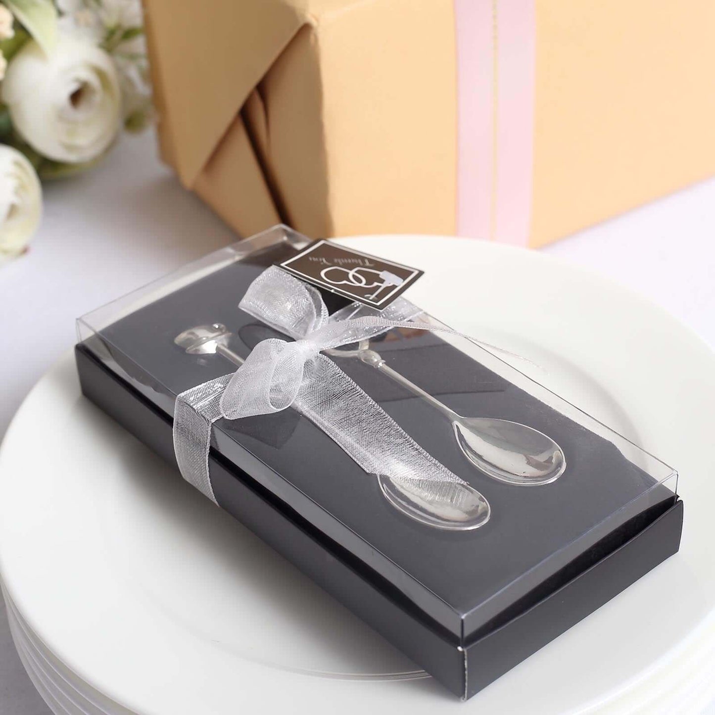 2 Pack 4" Silver Metal Couple Coffee Spoon Set Party Favors, Pre-Packed Wedding Souvenir Gift