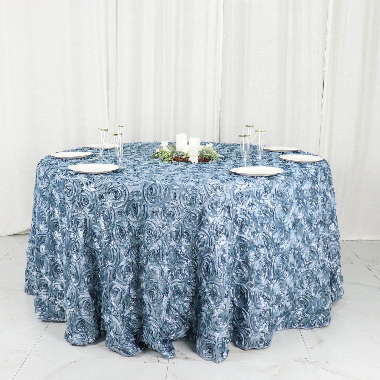 Satin 120" Round Tablecloth Dusty Blue - Grandiose 3D Rosette with Seamless Finish Table Cover