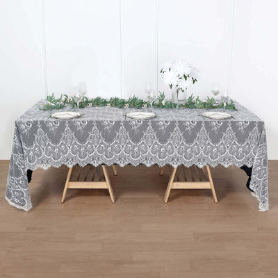 Lace 60"x120" Rectangle Tablecloth White - Vintage Lace Design with Scalloped Frill Edges for Refined Occasions