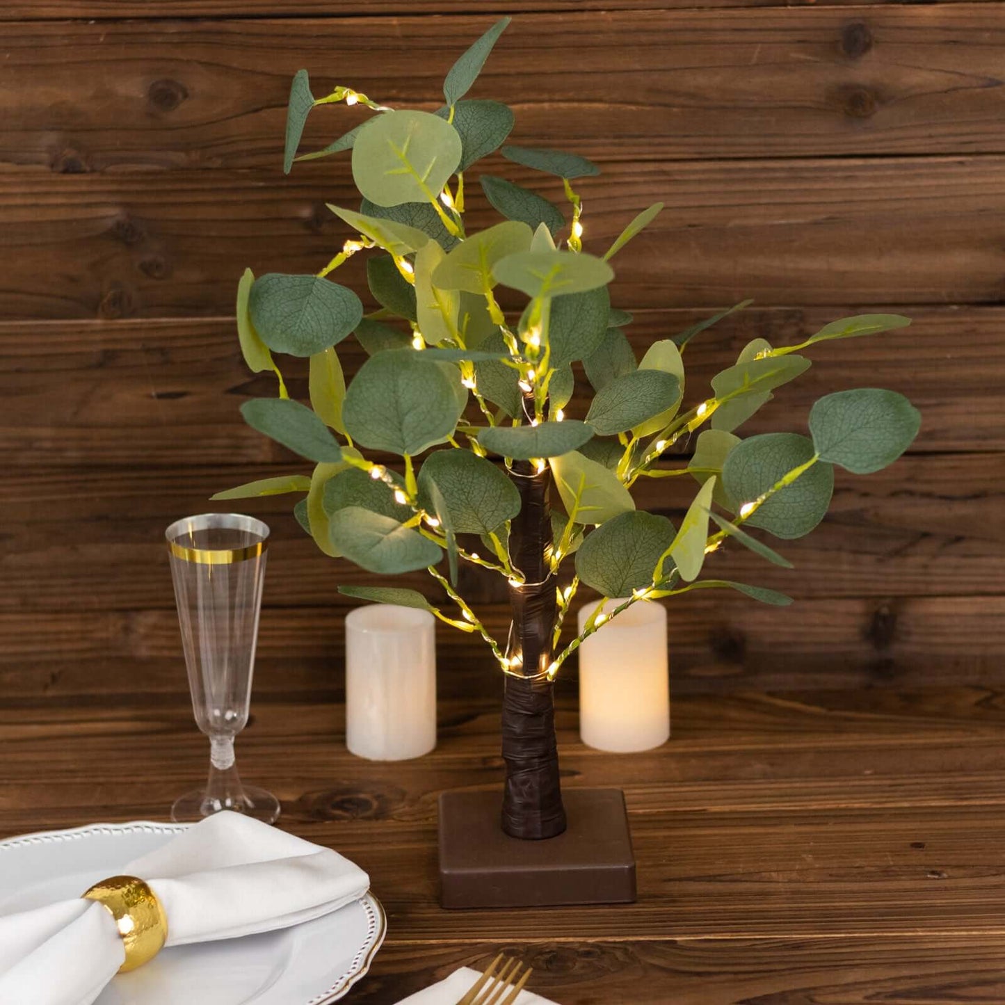 50 LED Lighted Artificial Tree Eucalyptus Plant Design Green Warm White - Battery Operated Table Accent 17"