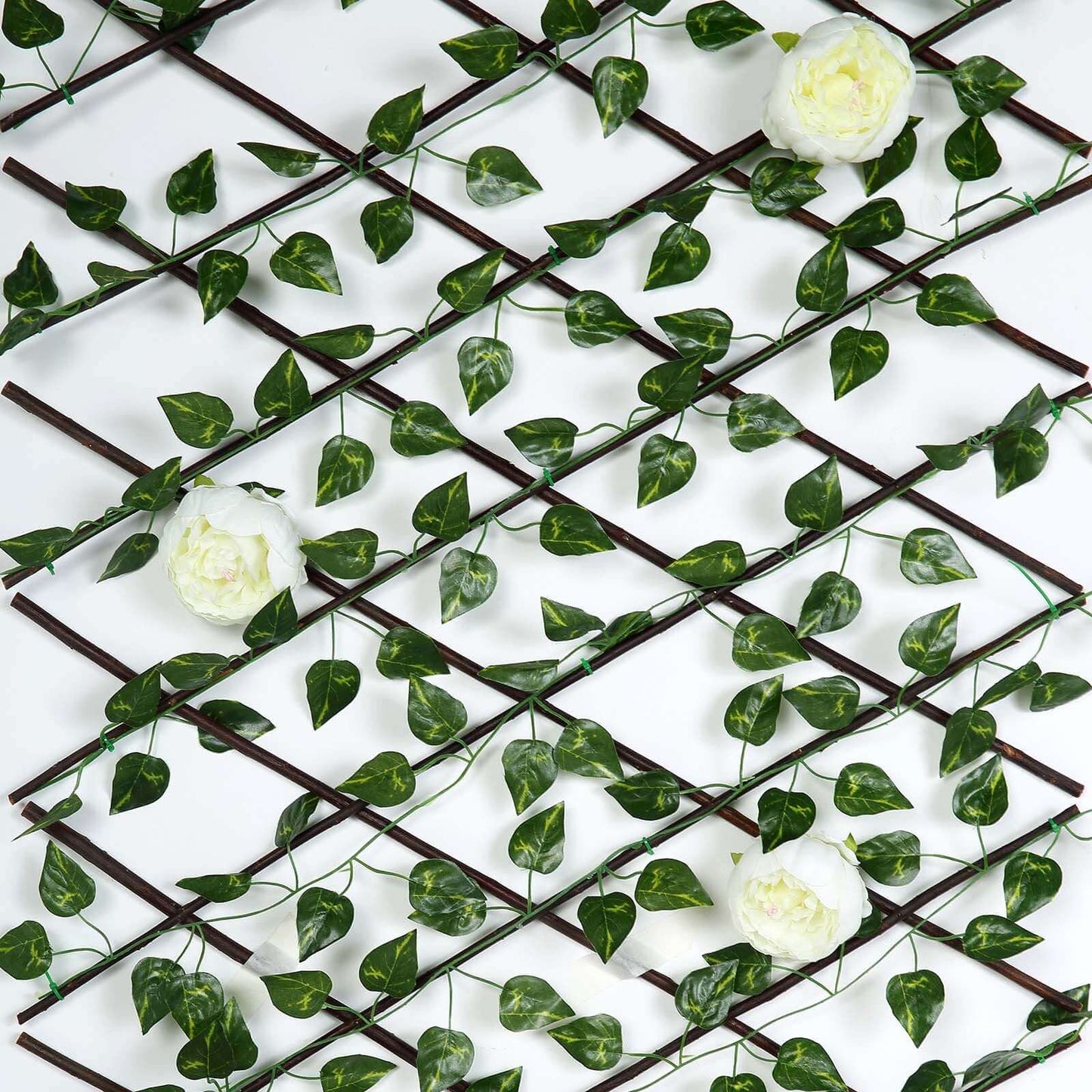 17"x95" Expandable Wooden Lattice Fence With Artificial Ivy Leaf Trellis Vines, Accordion Backdrop Fencing