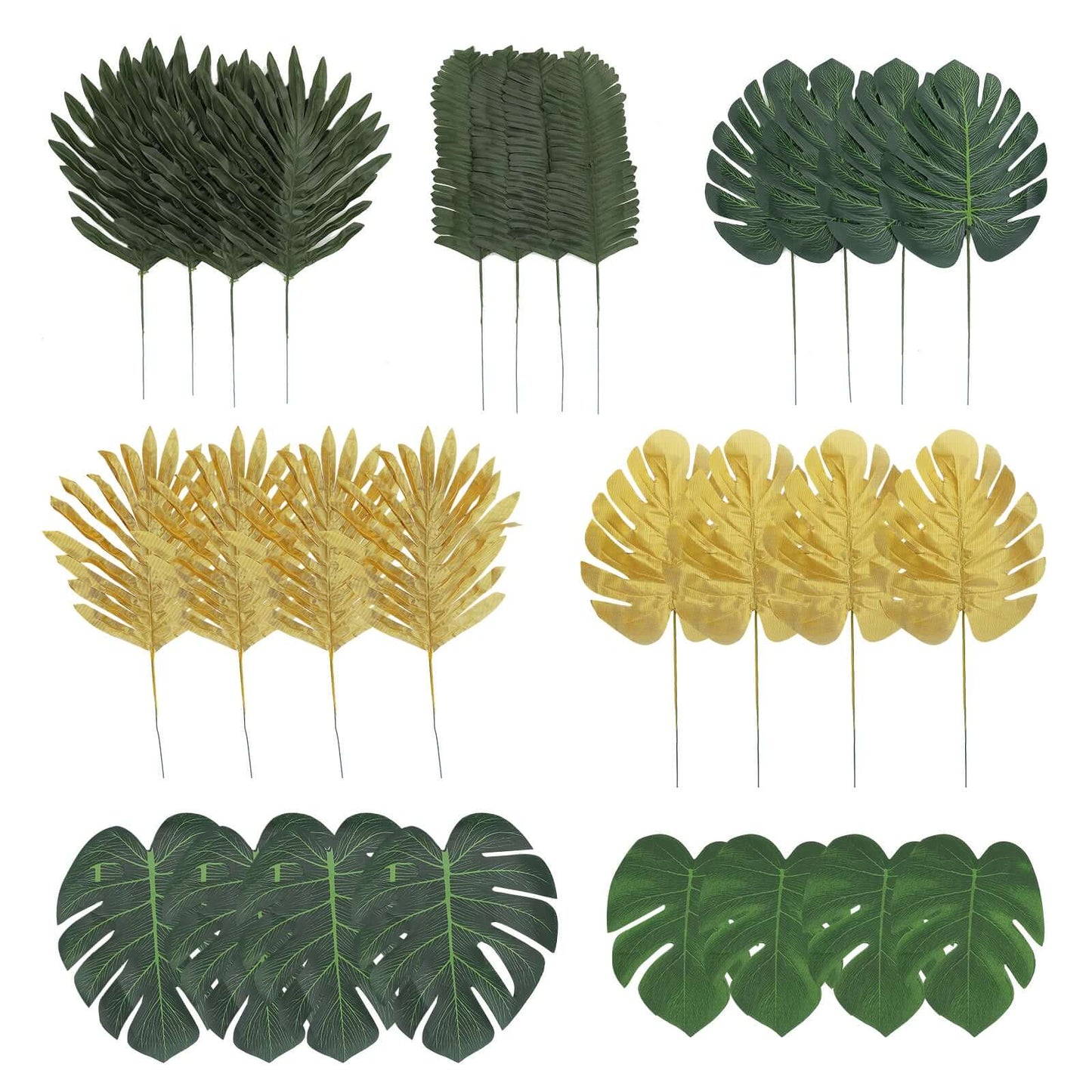 28 Pack Green And Gold Silk Tropical Monstera Palm Leaves, Assorted Artificial Jungle Theme Branches