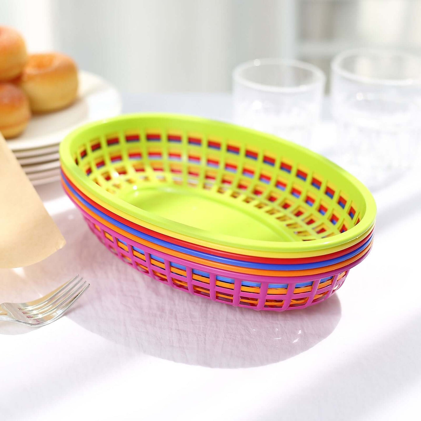 6-Pack Plastic Food Baskets with 50 Wax Paper Liners Assorted Colors - Durable Oval Deli Serving Trays