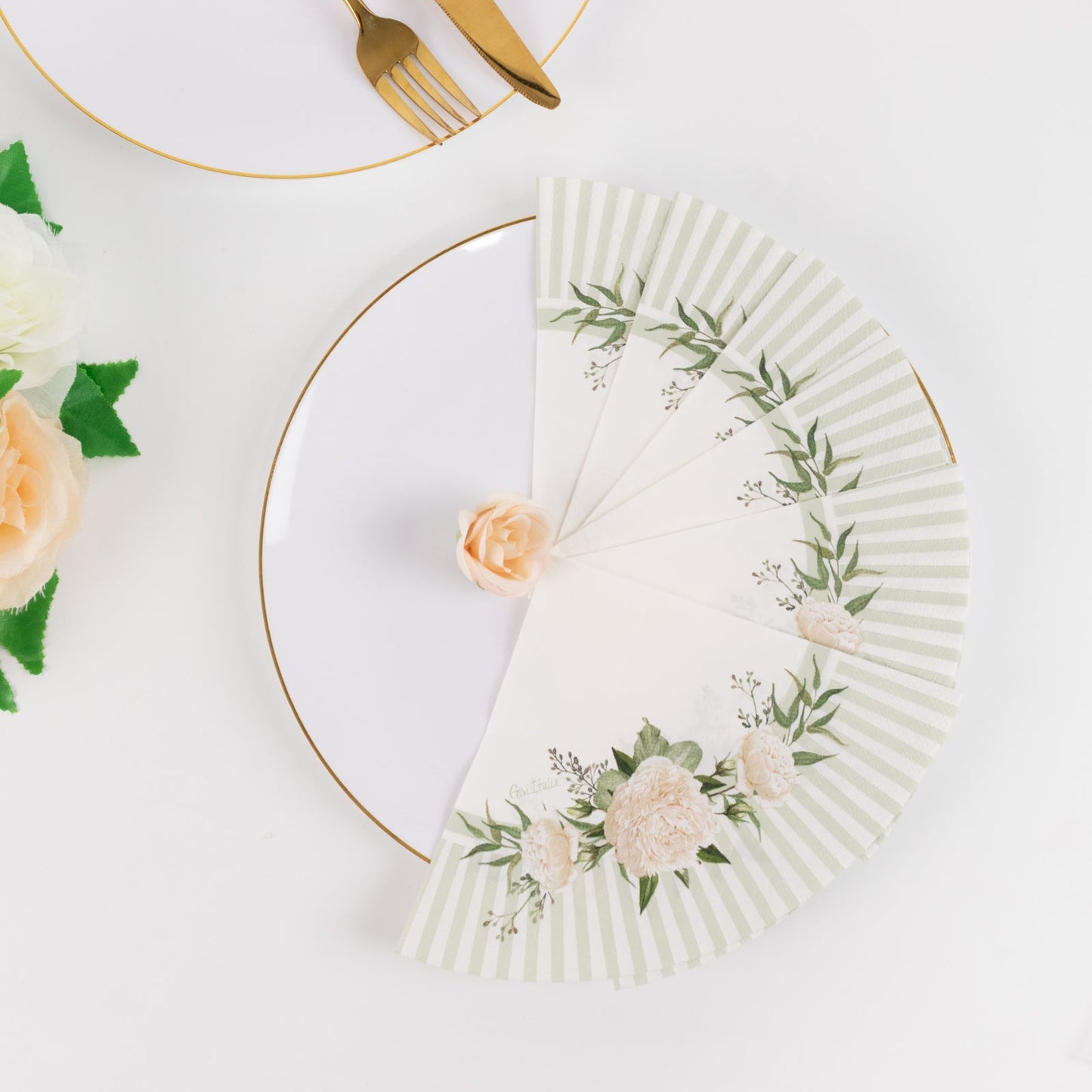 25-Pack Round Paper Cocktail Napkins with Floral Lined Pattern White/Sage Green - Disposable 2 Ply Beverage Napkins 6"x6"