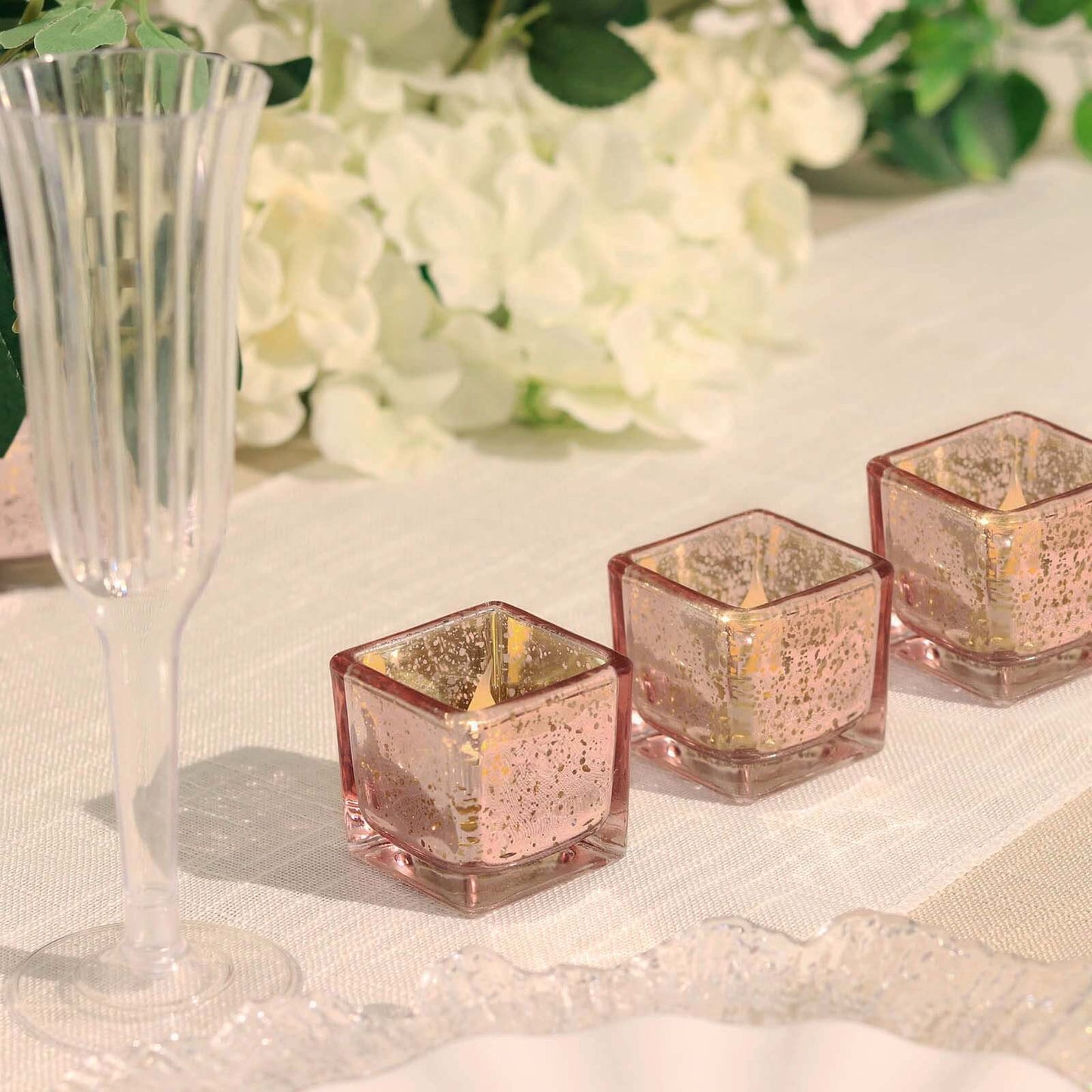 12-Pack Mercury Glass Candle Holders Rose Gold with Speckled Design - Square Votive Tealight Holders 2"