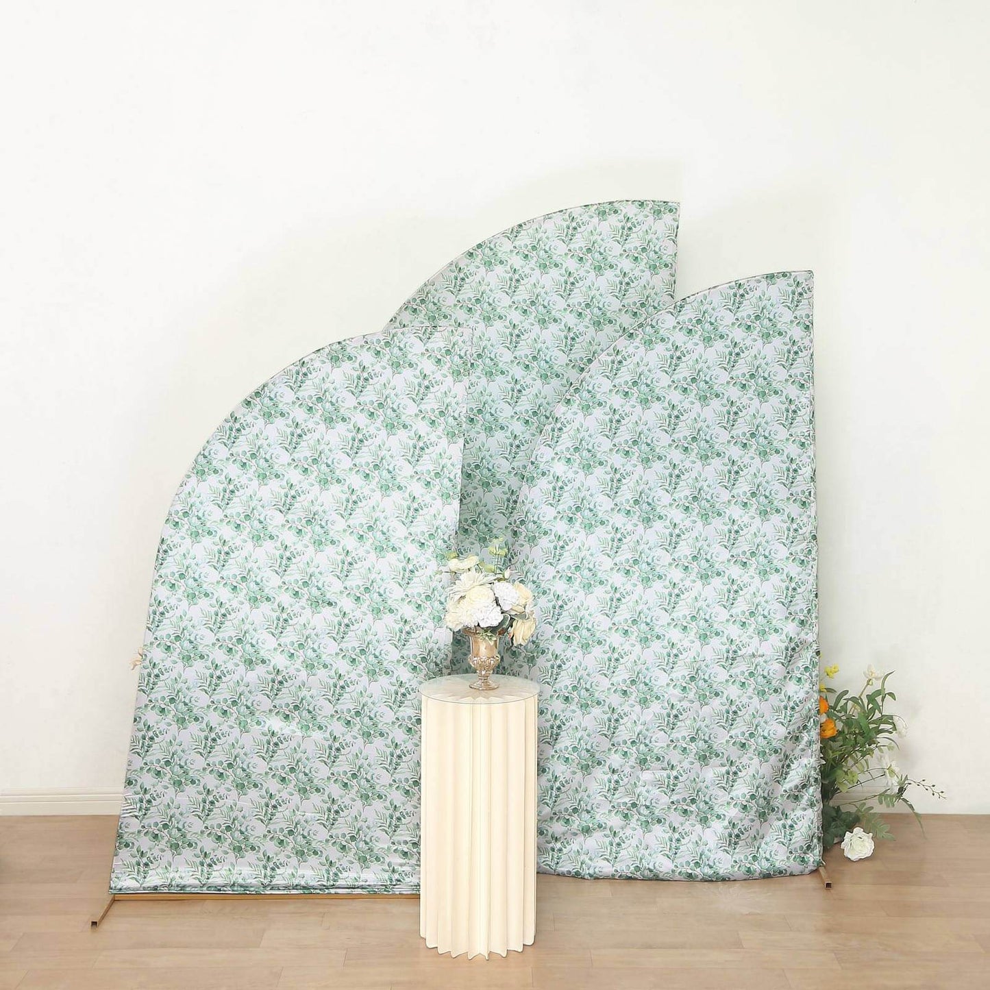 Set of 3 White Green Satin Chiara Wedding Arch Covers With Eucalyptus Leaves Print, Fitted Covers For Half Moon Backdrop Stands - 5ft, 6ft, 7ft