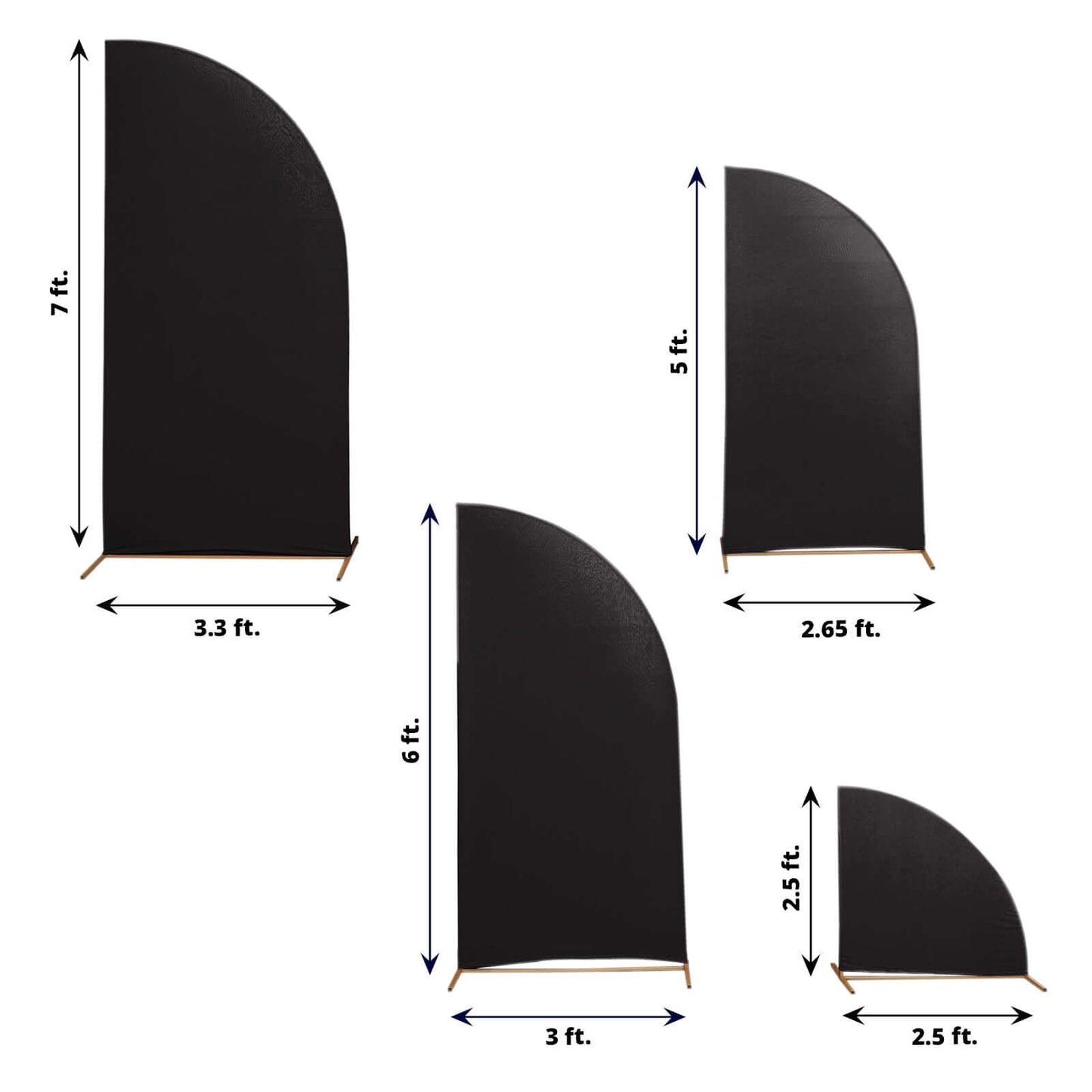 Set of 4 Matte Black Spandex Half Moon Chiara Backdrop Stand Covers, Custom Fitted Wedding Arch Covers - 2.5ft,5ft,6ft,7ft