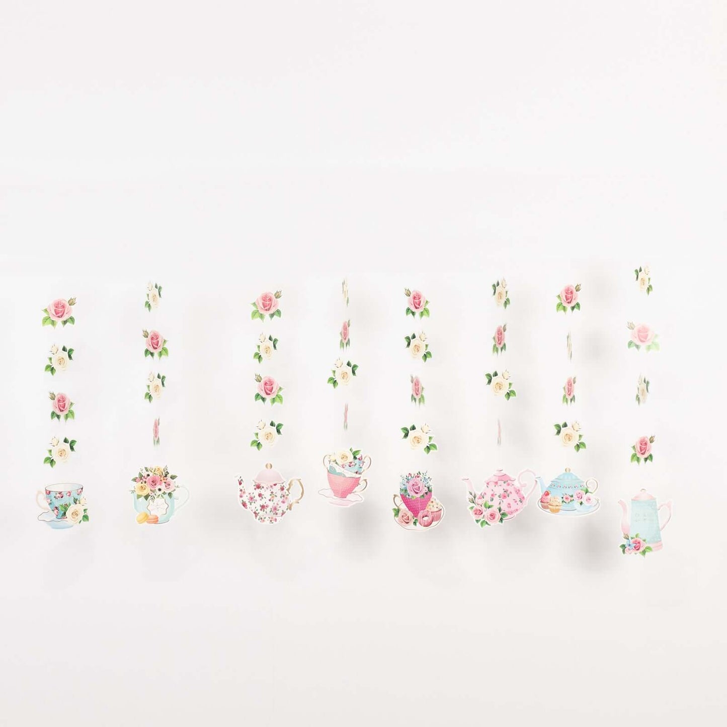 8 Pack Double Sided Floral Tea Party Paper Garland, 40" Pre-Assembled Mixed Teapot Banner Hanging Decorations