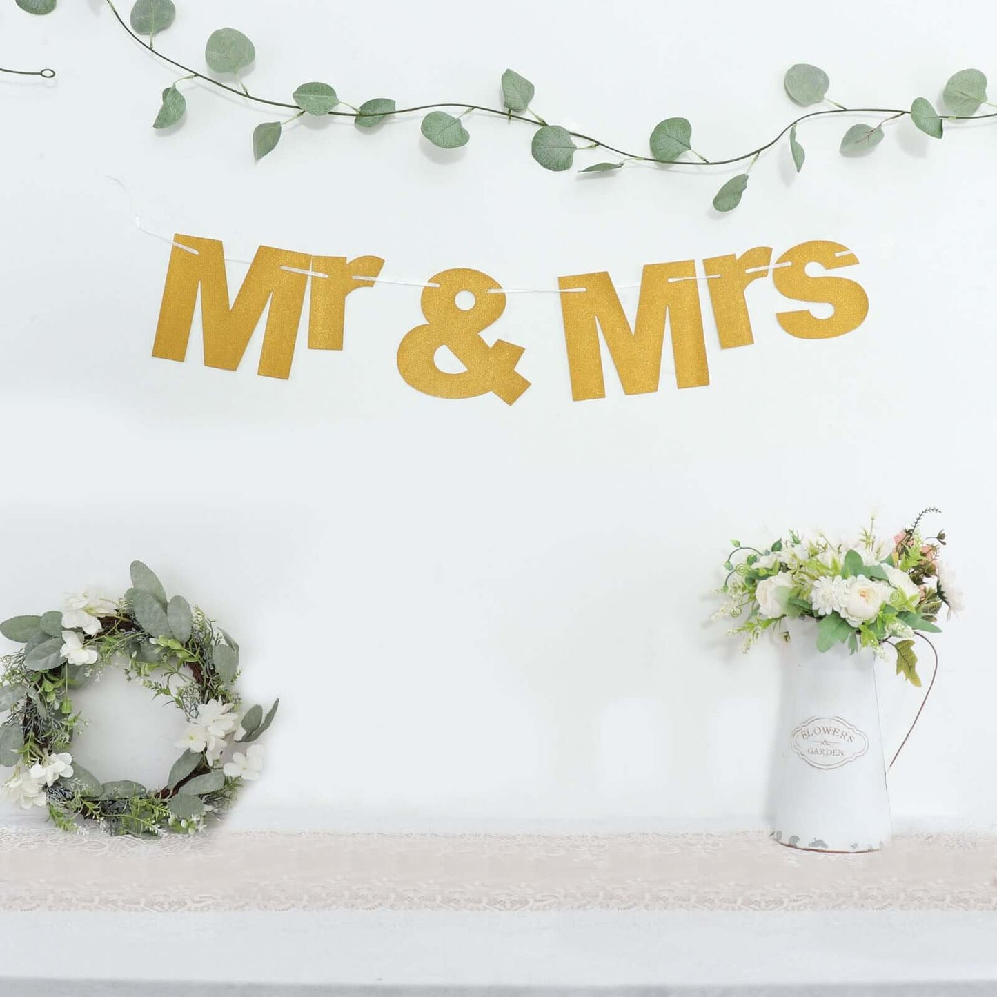 3ft Gold Glittered Mr and Mrs Paper Hanging Wedding Anniversary Banner, Party Garland Banner