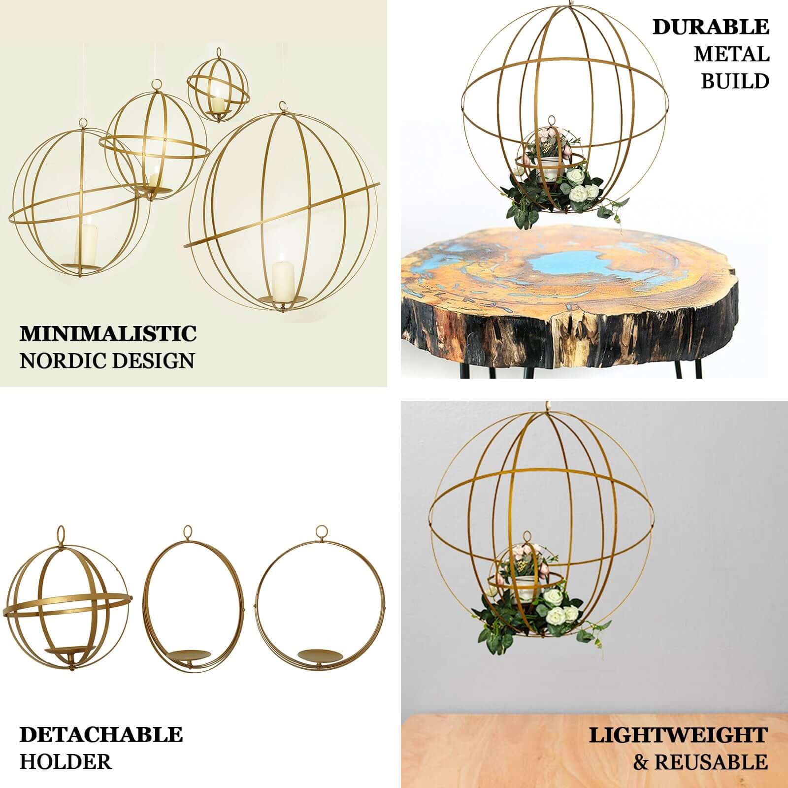 Hanging Sphere Candle Holder Gold Wrought Iron Event Display Accent - Centerpiece 24" - Linen Luxes