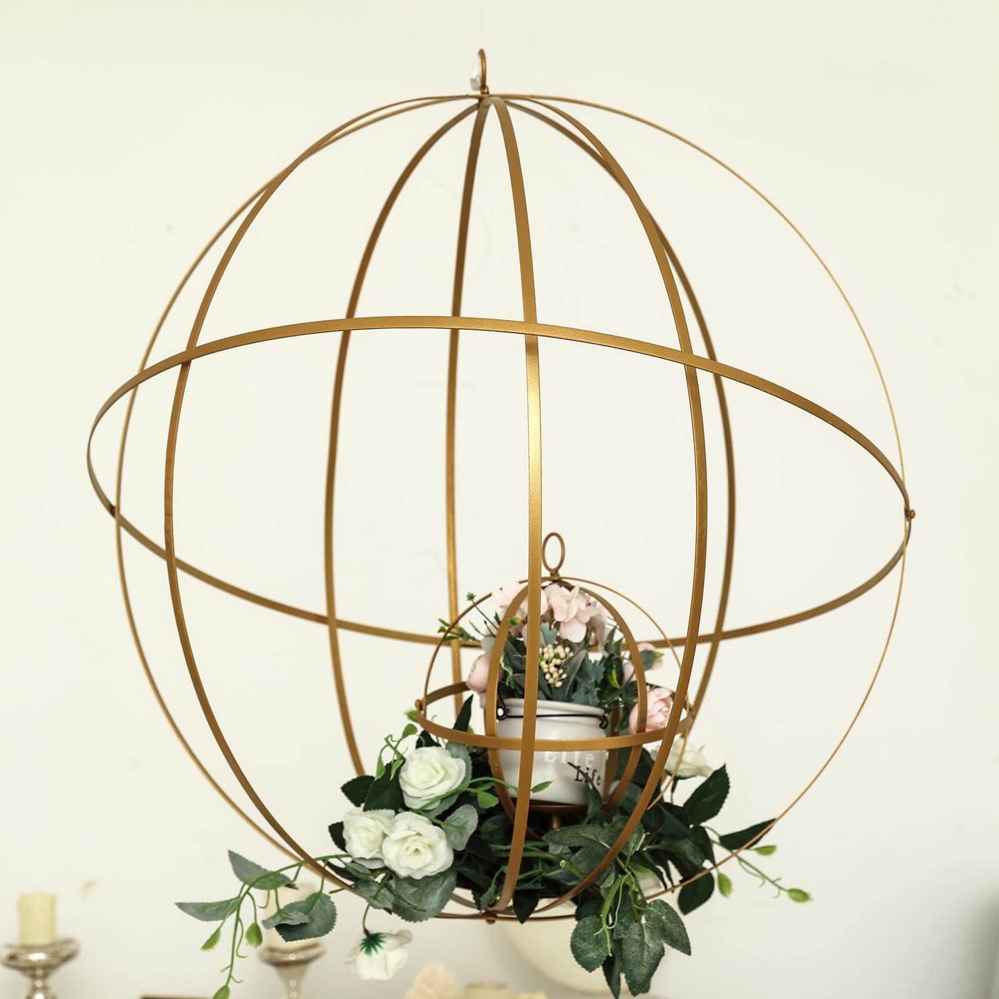 Hanging Sphere Candle Holder Gold Wrought Iron Event Display Accent - Centerpiece 24" - Linen Luxes