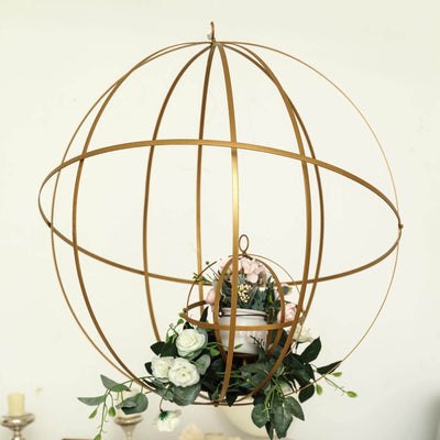 Hanging Sphere Candle Holder Gold Wrought Iron Event Display Accent - Centerpiece 24" - Linen Luxes