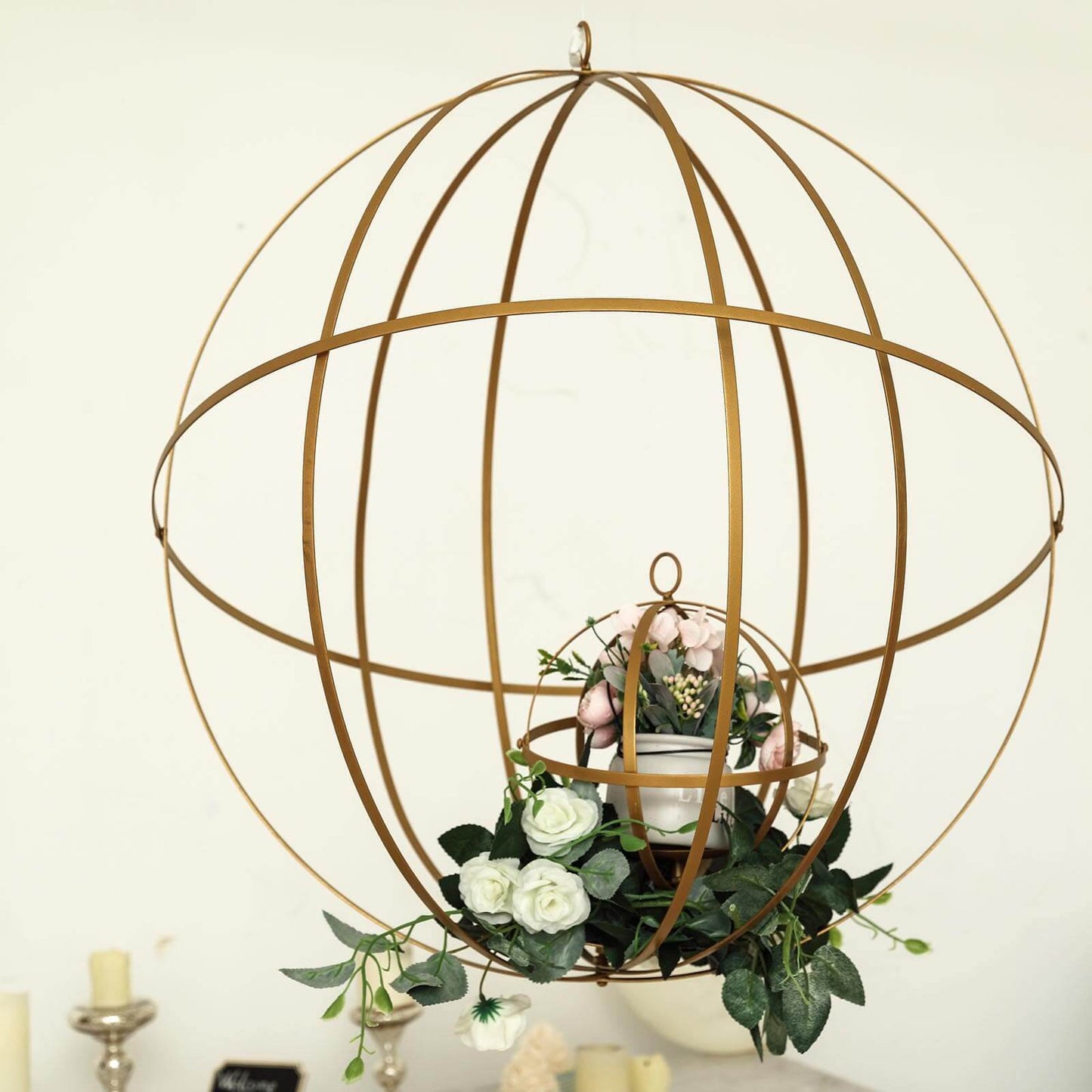Hanging Sphere Candle Holder Gold Wrought Iron Event Display Accent - Centerpiece 24" - Linen Luxes