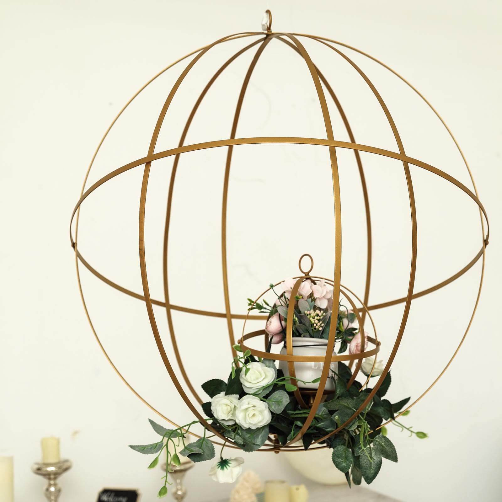 Hanging Sphere Candle Holder Gold Wrought Iron Event Display Accent - Centerpiece 24" - Linen Luxes