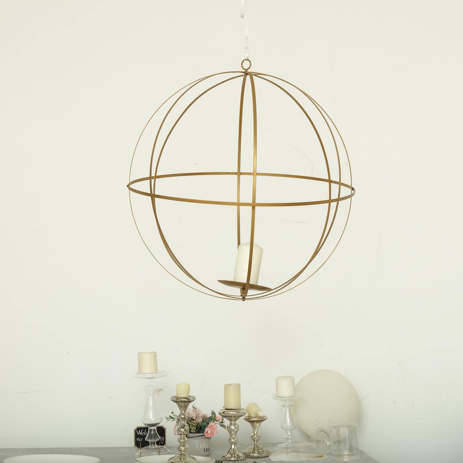 Hanging Sphere Candle Holder Gold Wrought Iron Event Display Accent - Centerpiece 24" - Linen Luxes