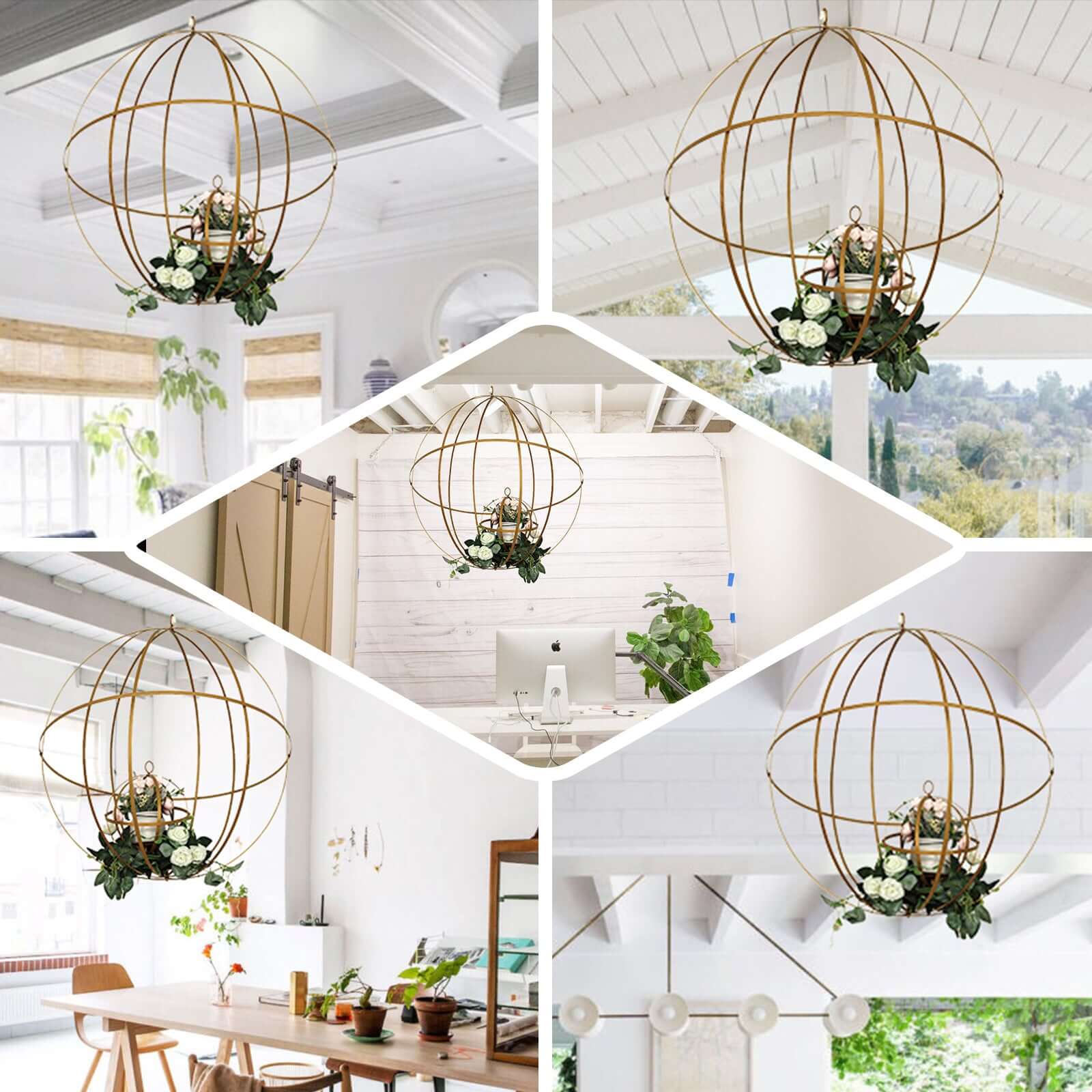 Hanging Sphere Candle Holder Gold Wrought Iron Open Frame Floral Display - Centerpiece Ball 12" - Linen Luxes