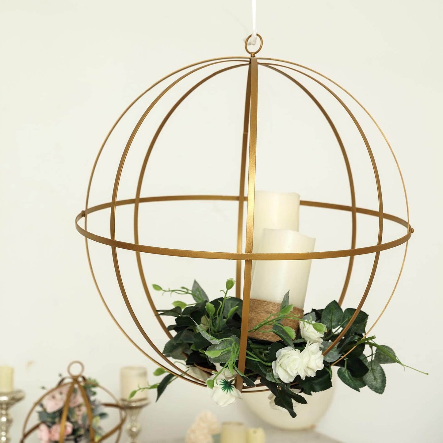 Hanging Sphere Candle Holder Gold Wrought Iron Open Frame Floral Display - Centerpiece Ball 12" - Linen Luxes