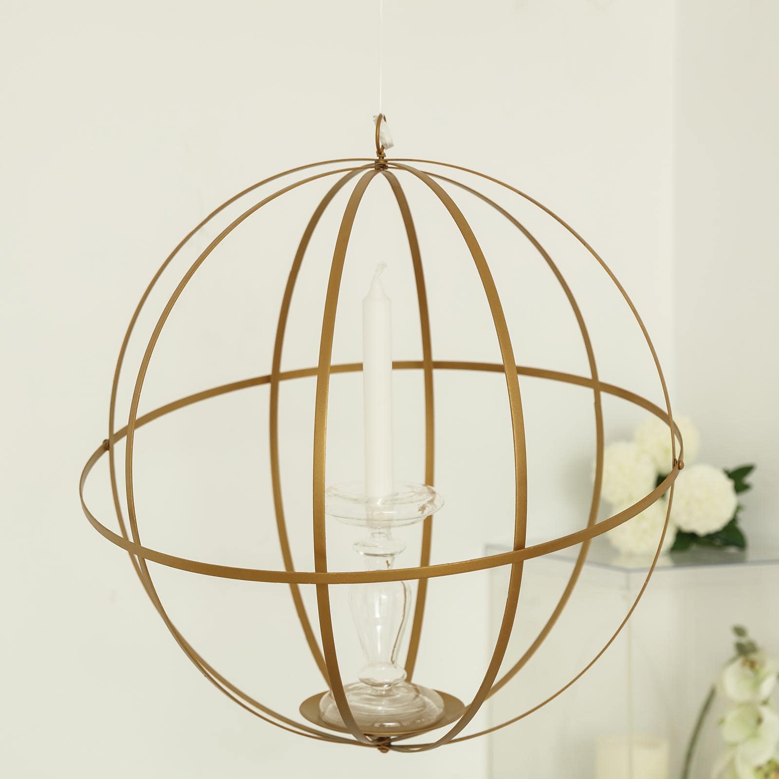 Hanging Sphere Candle Holder Gold Wrought Iron Open Frame Floral Display - Centerpiece Ball 12" - Linen Luxes