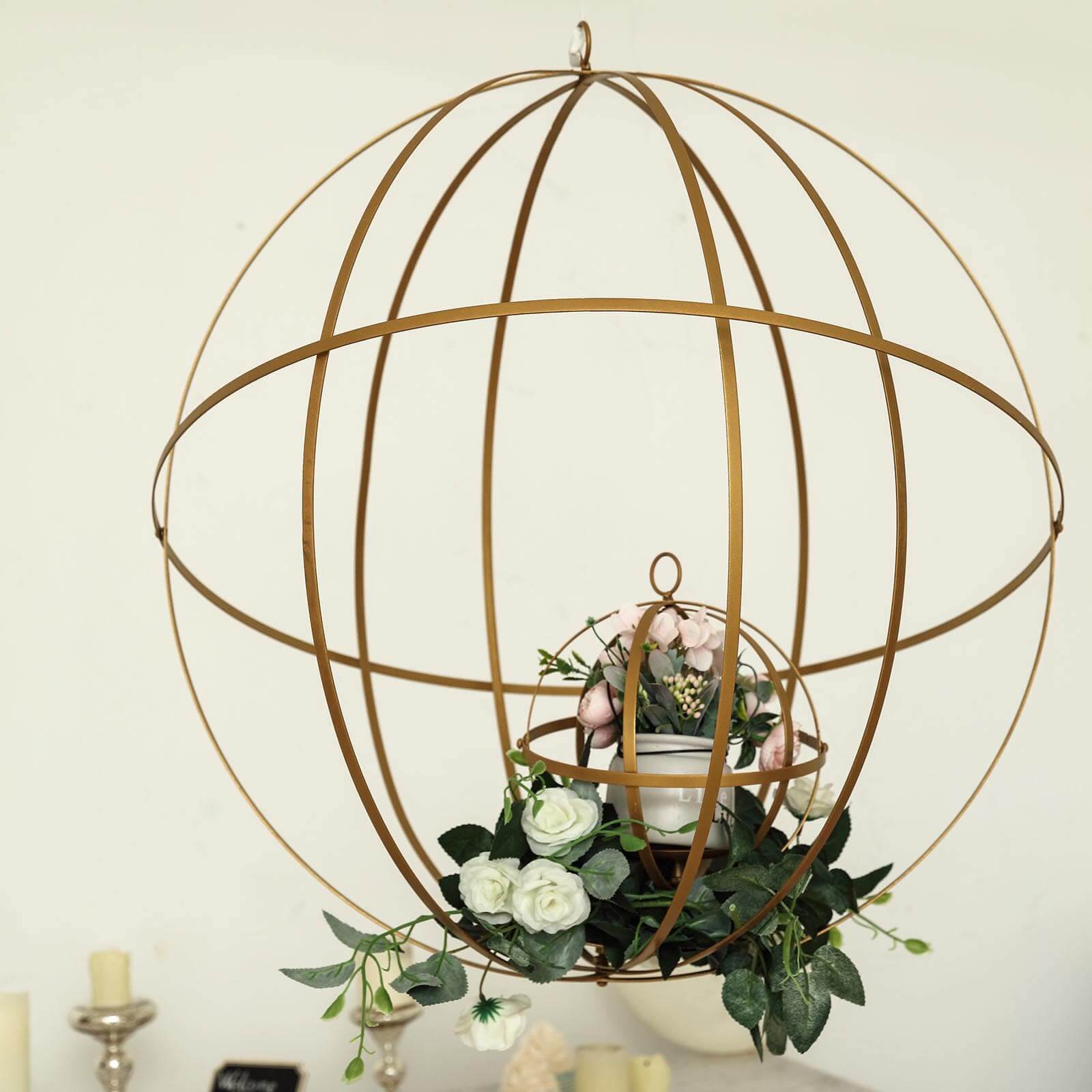 Hanging Sphere Candle Holder Gold Wrought Iron Wedding Decorative Ball - Centerpiece 18" - Linen Luxes