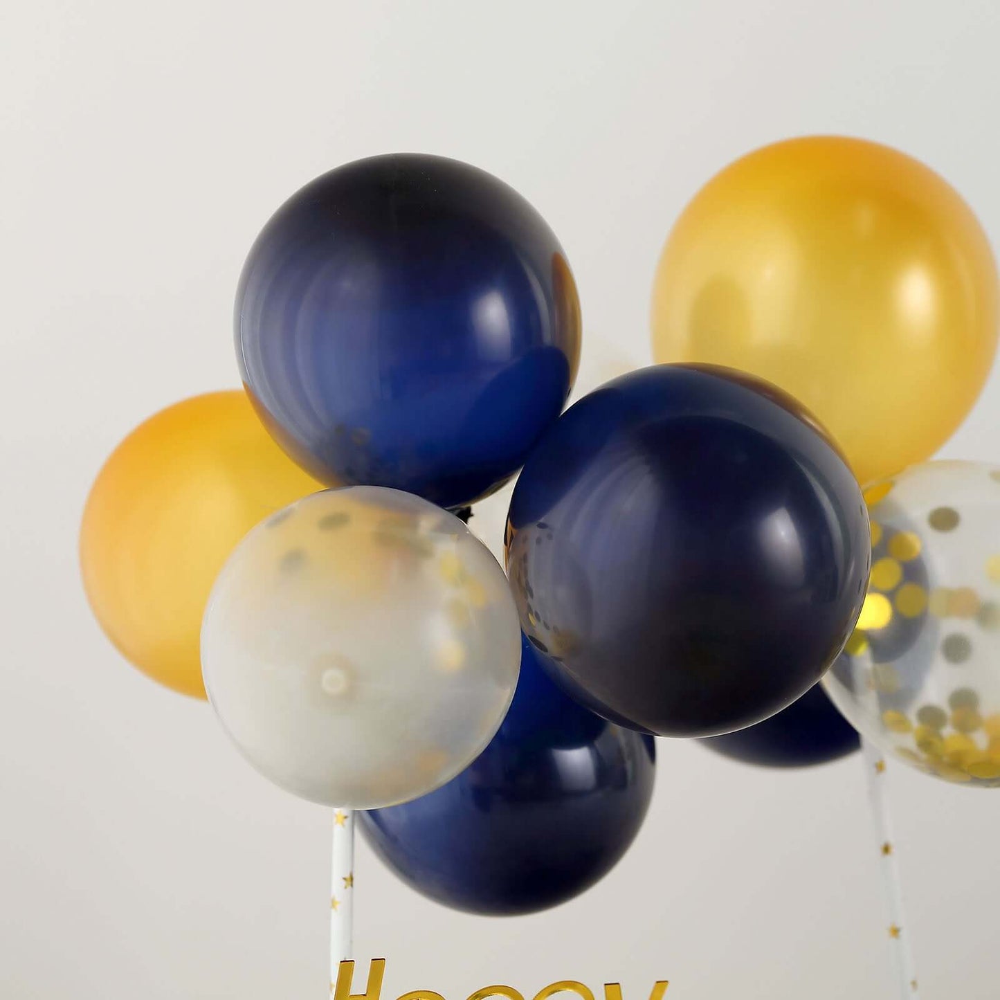 11 Pcs Balloon Cake Topper Clear, Gold and Navy Blue - Whimsical Clustered Mini Garland Cake Inserts DIY Party Decorations