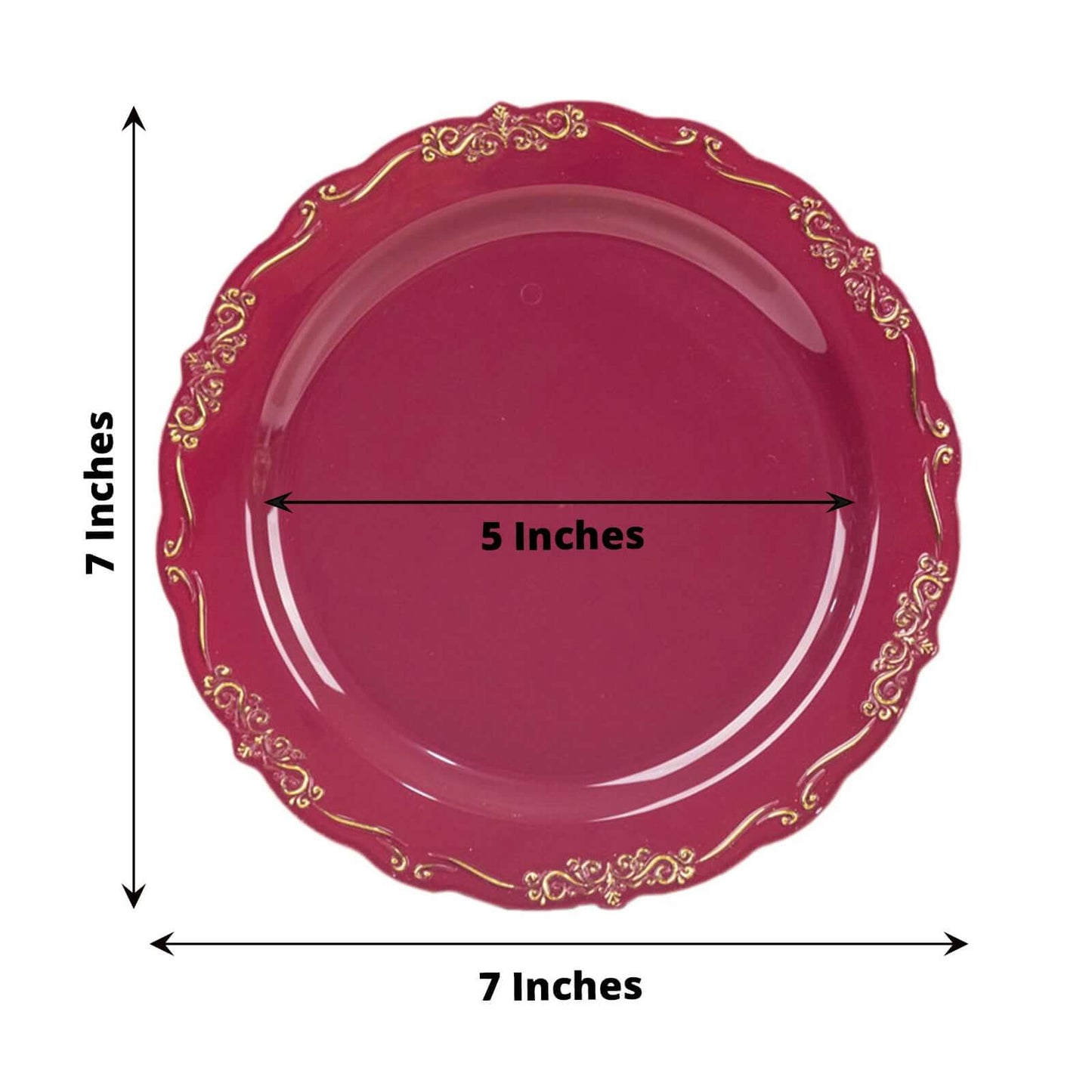 10-Pack Plastic 7" Round Dessert Plates in Burgundy with Gold Vintage Embossed Rim - Sturdy Disposable Scalloped Edge Salad Plates