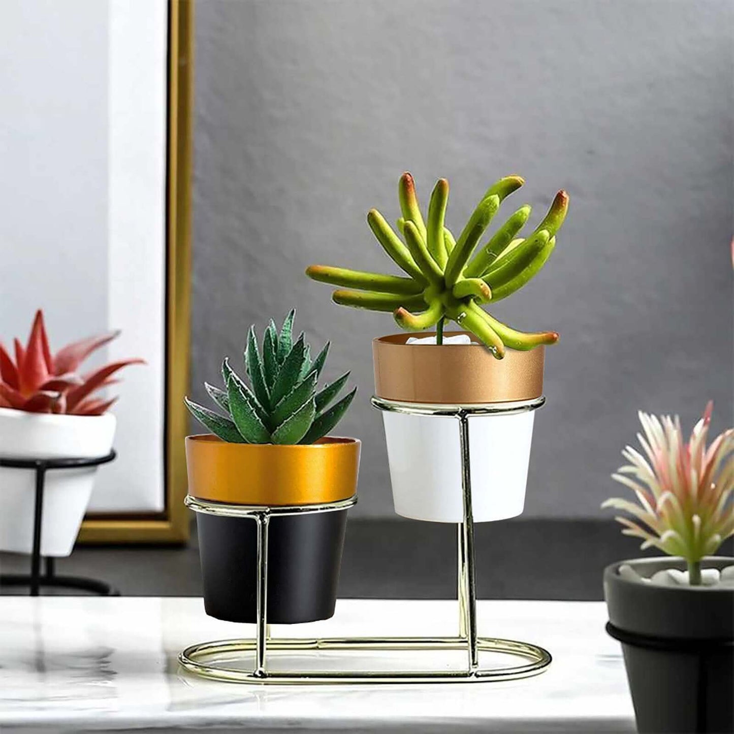 3-Pack Flower Plant Pots Small Design Black with Gold Rim - Plastic Indoor Decorative Planters 3"